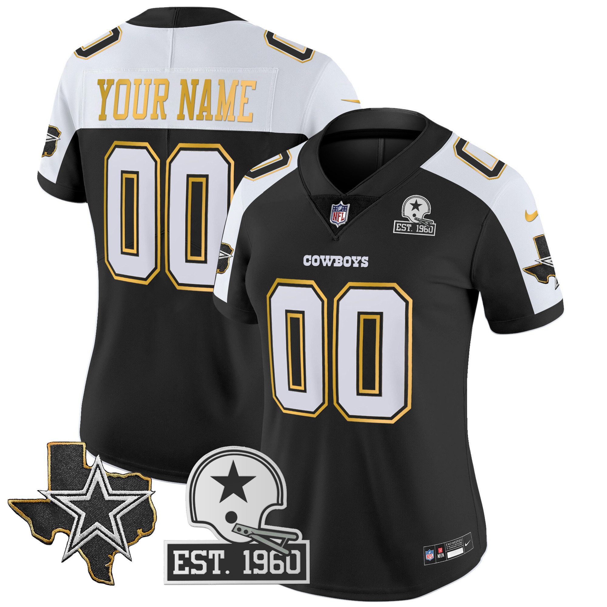 Dallas Cowboys Texas Patch Gold Trim Vapor Custom Black Alternate Jersey - All Stitched 