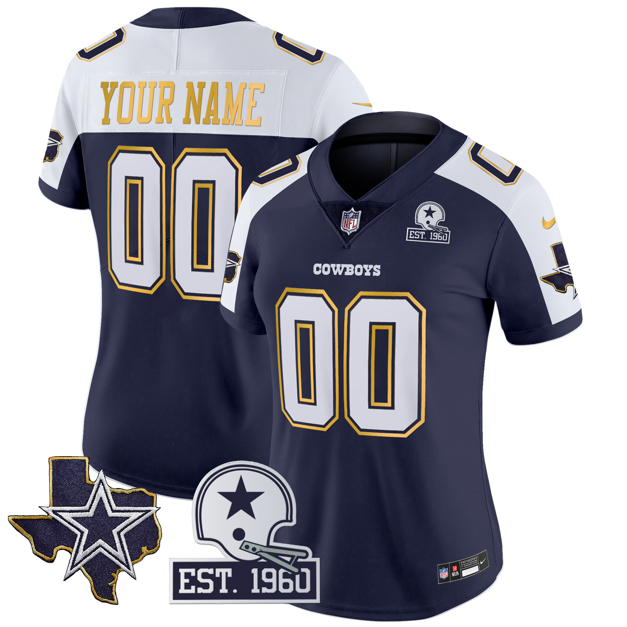 Dallas Cowboys Texas Patch Gold Trim Vapor Custom Navy Alternate Jersey - All Stitched 