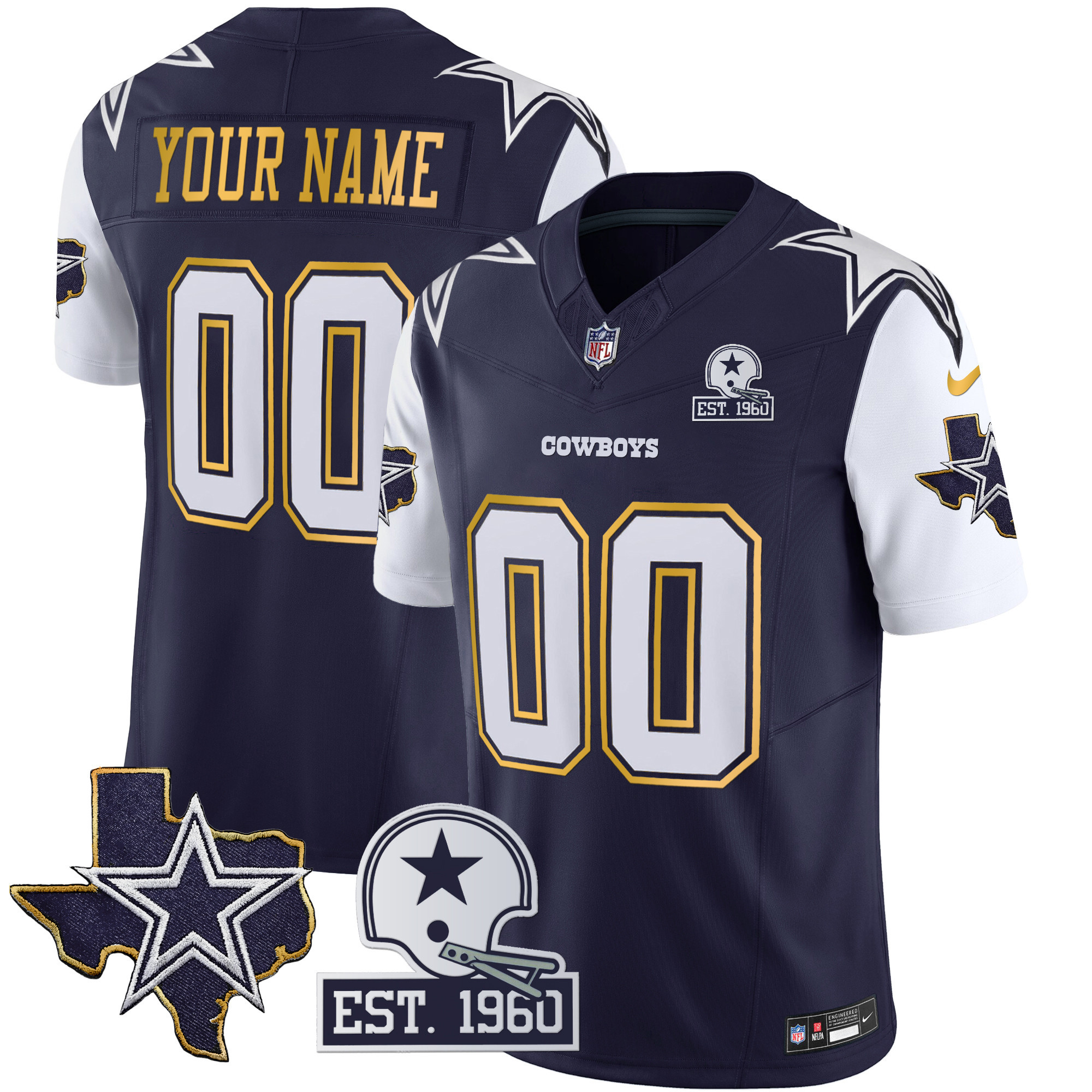 Dallas Cowboys Texas Patch Gold Trim Vapor Custom Navy Jersey - All Stitched 