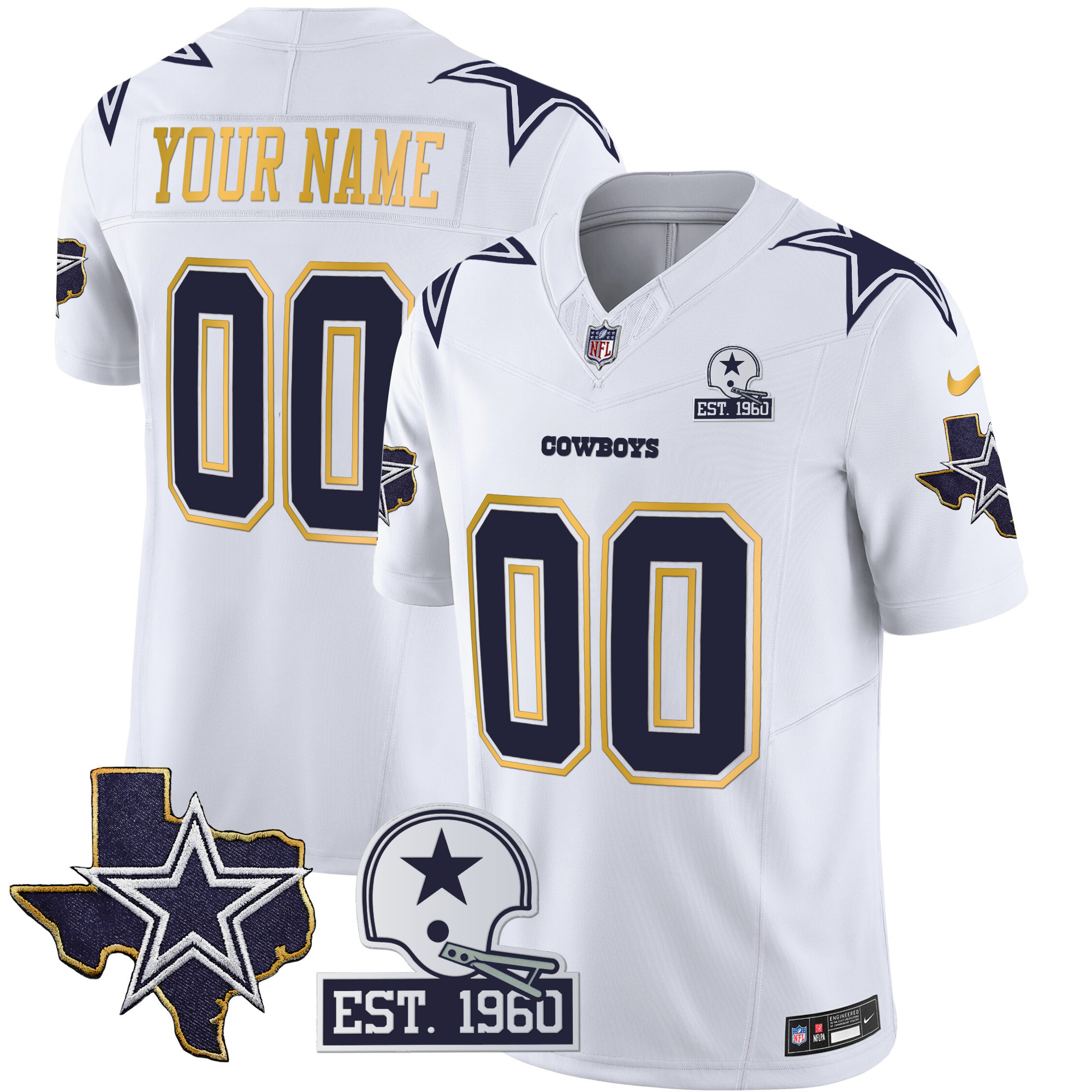 Dallas Cowboys Texas Patch Gold Trim Vapor Custom White Jersey - All Stitched 