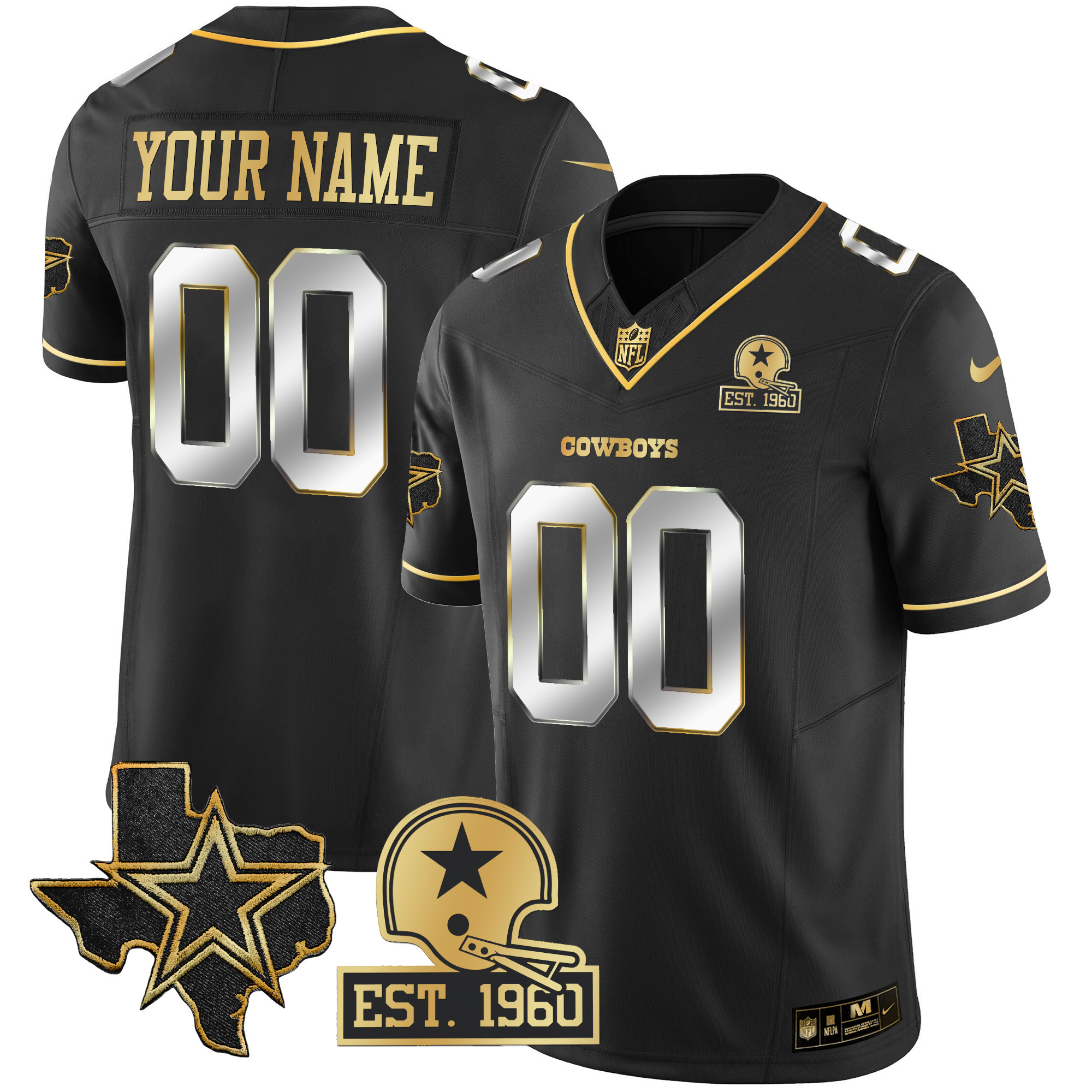 Dallas Cowboys Texas Patch Gold Vapor Custom Black Limited Jersey - All Stitched 