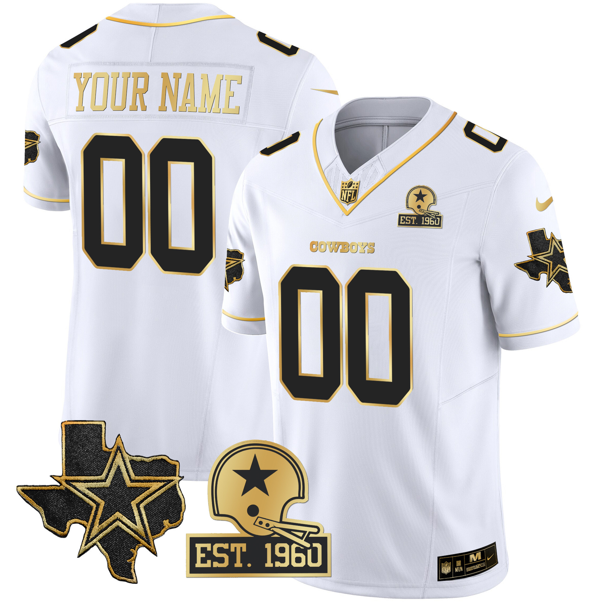 Dallas Cowboys Texas Patch Gold Vapor Custom White Gold Jersey - All Stitched 