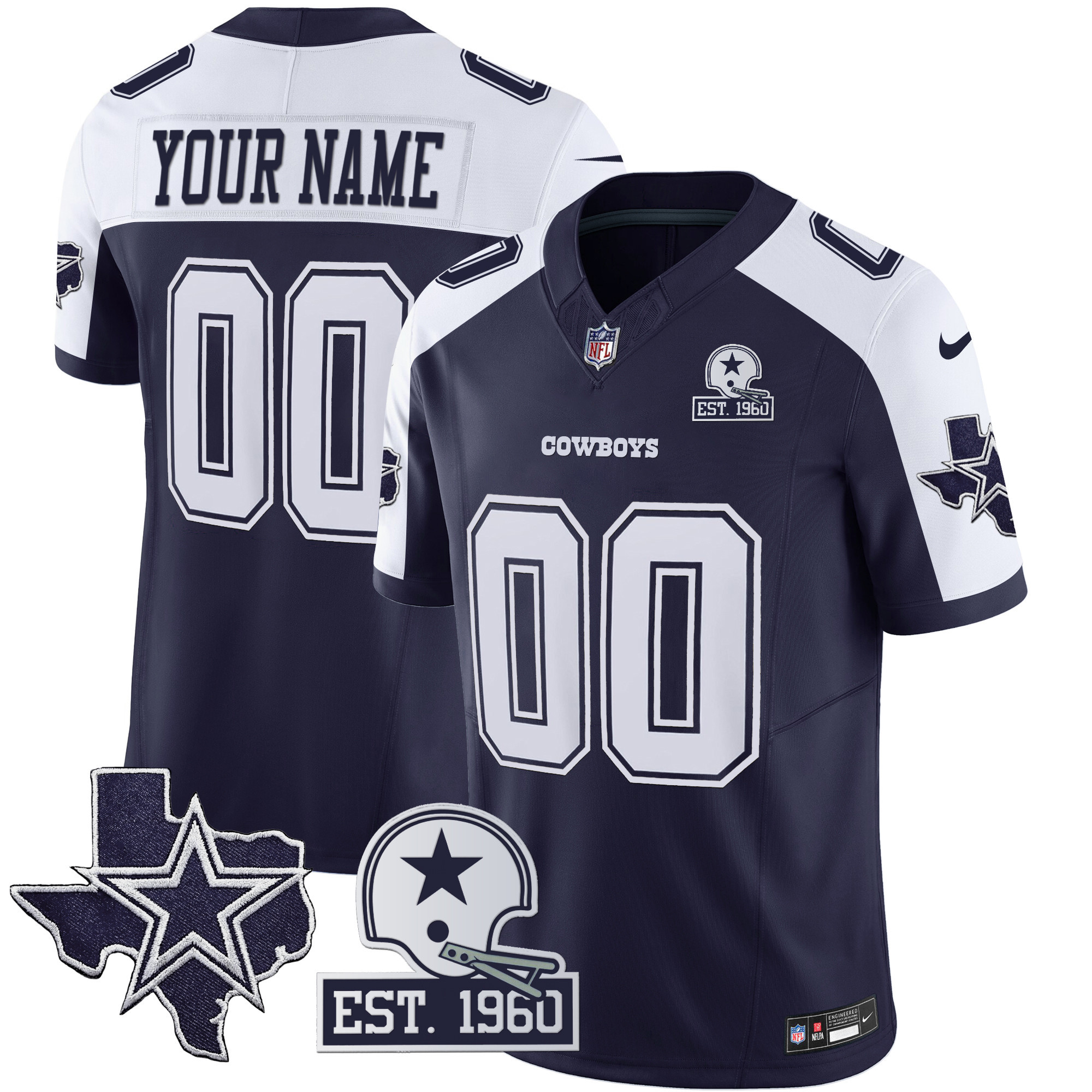 Dallas Cowboys Throwback Texas Patch Vapor Limited Custom Alternate Navy Jersey - All Stitched 