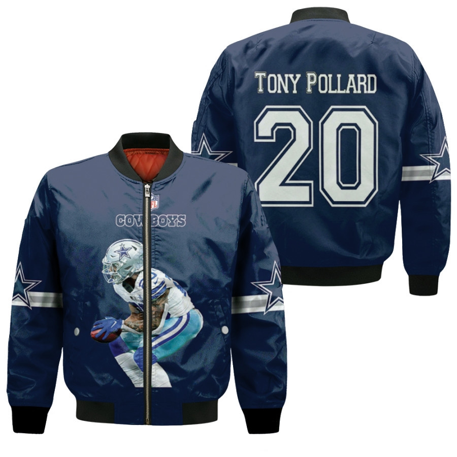 Dallas Cowboys Tony Pollard 20 Legendary Captain Navy 3D Designed Allover Gift For Cowboys Fans Bomber Jacket