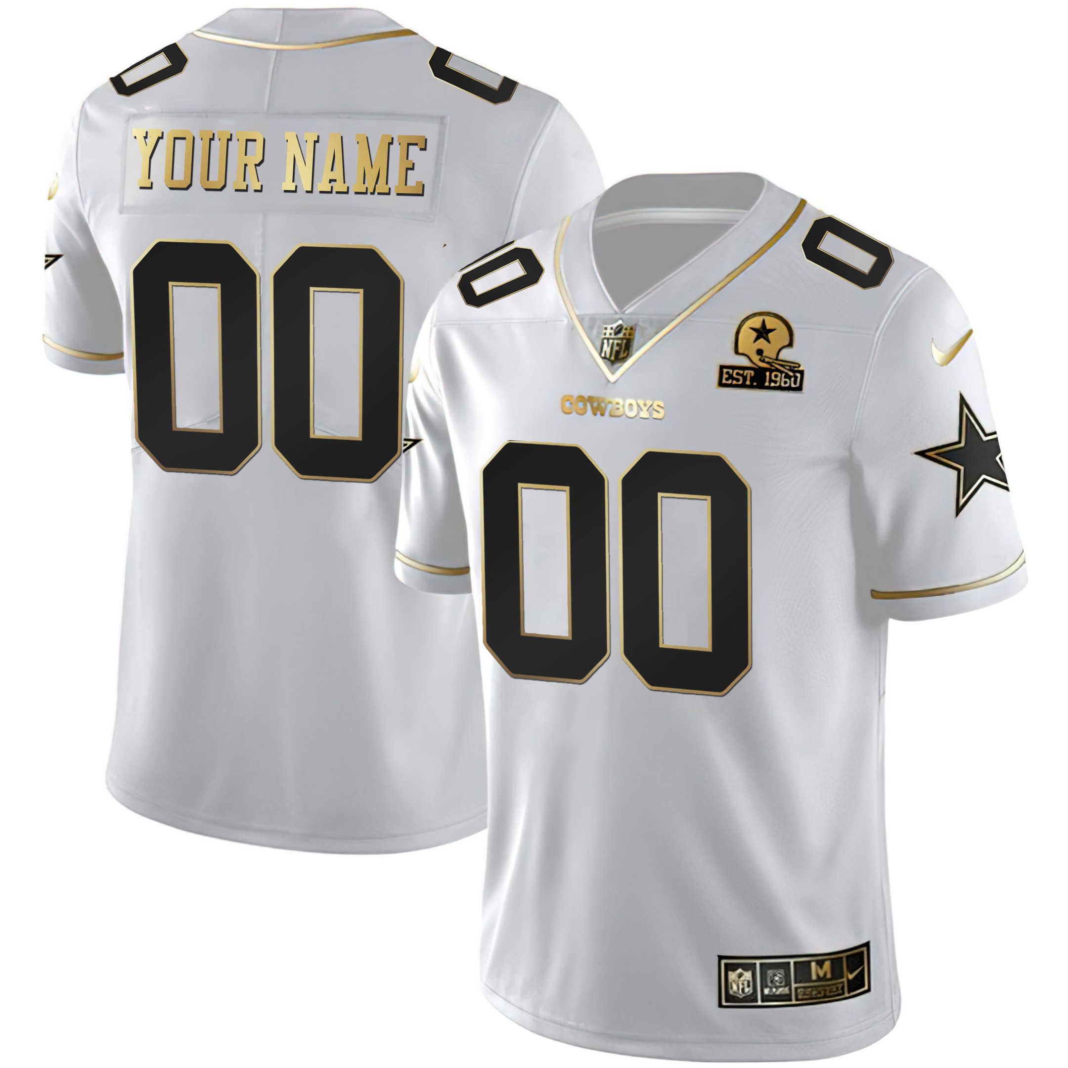 Dallas Cowboys White Gold Custom Name and Number Jersey - All Stitched 