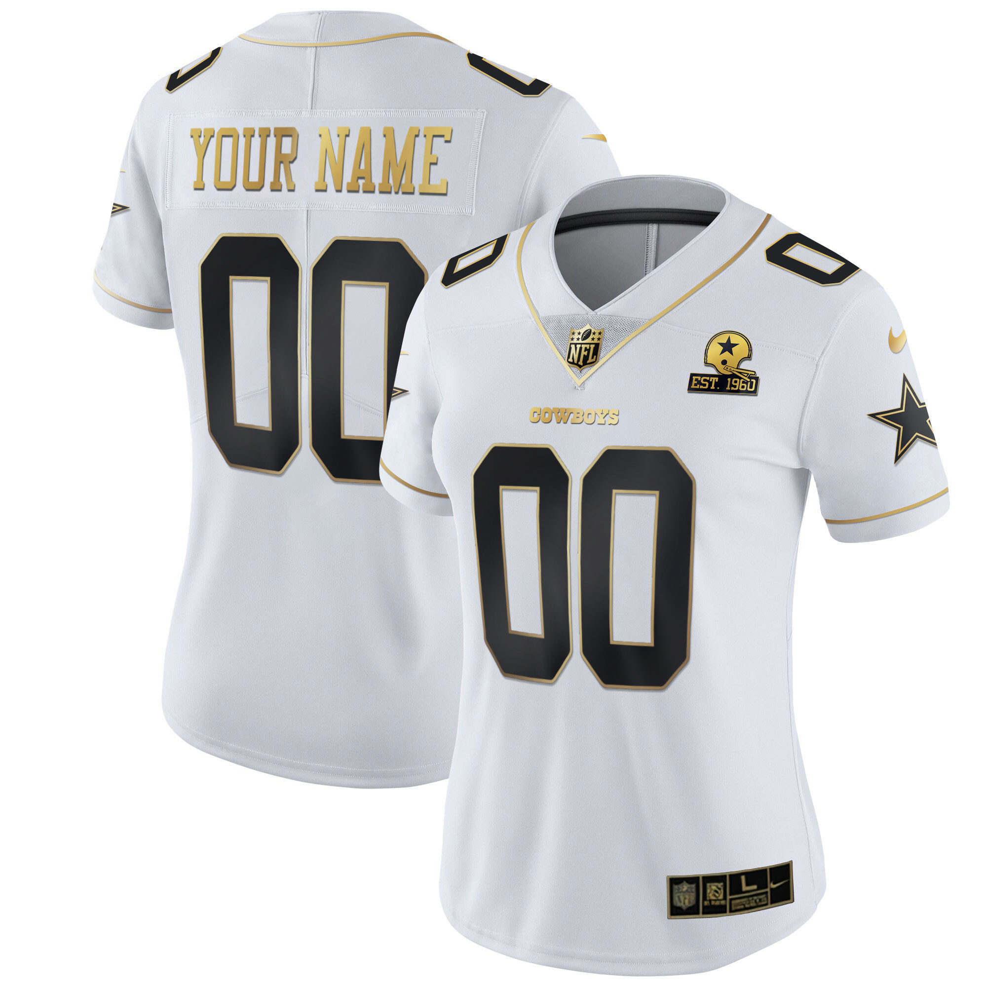 Dallas Cowboys White Gold Custom Name and Number Jersey - All Stitched 