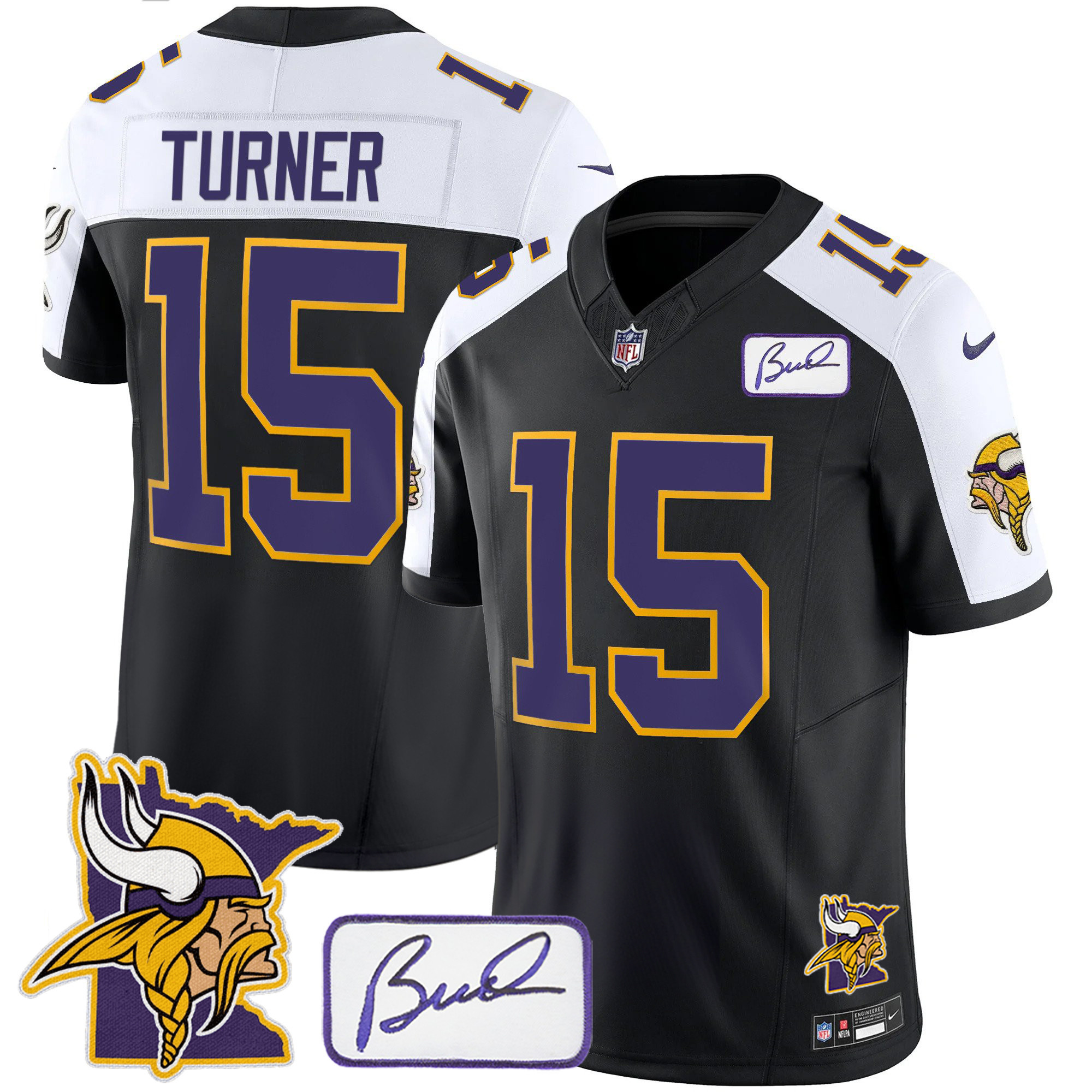 Dallas Turner Men's Minnesota Vikings Bud Grant & Minnesota Patch Classic Limited Black Alternate Jersey - All Stitched