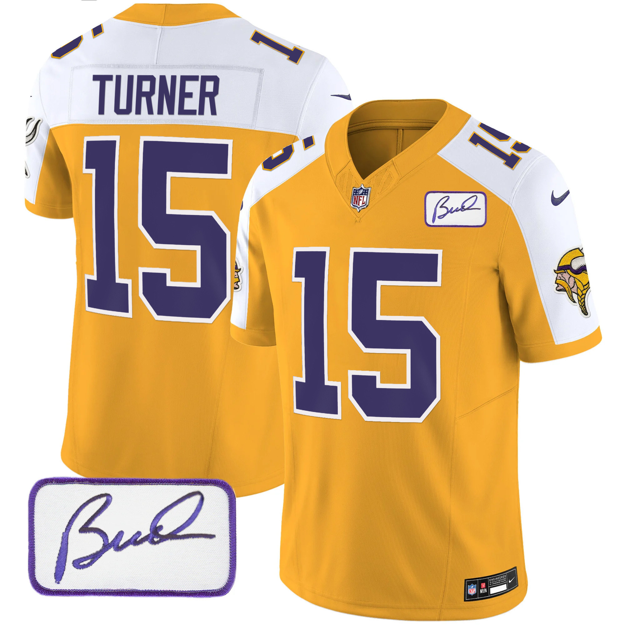 Dallas Turner Men's Minnesota Vikings Bud Grant Patch Classic Limited V3 Gold Alternate Jersey - All Stitched