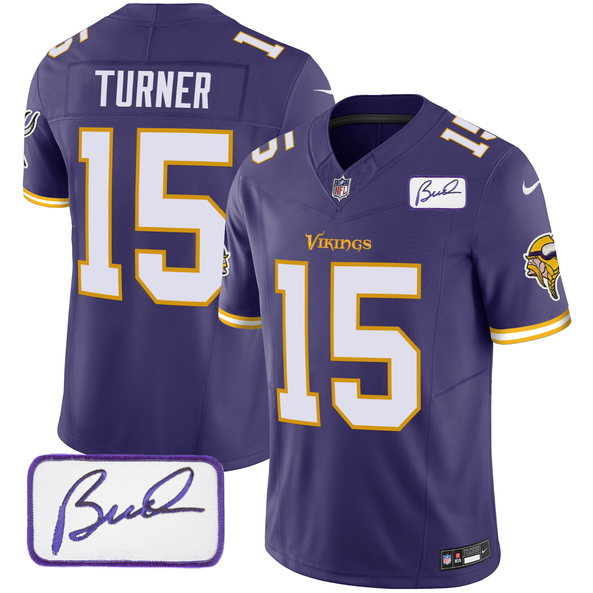 Dallas Turner Men's Minnesota Vikings Bud Grant Patch Classic Limited V6 Purple Jersey - All Stitched