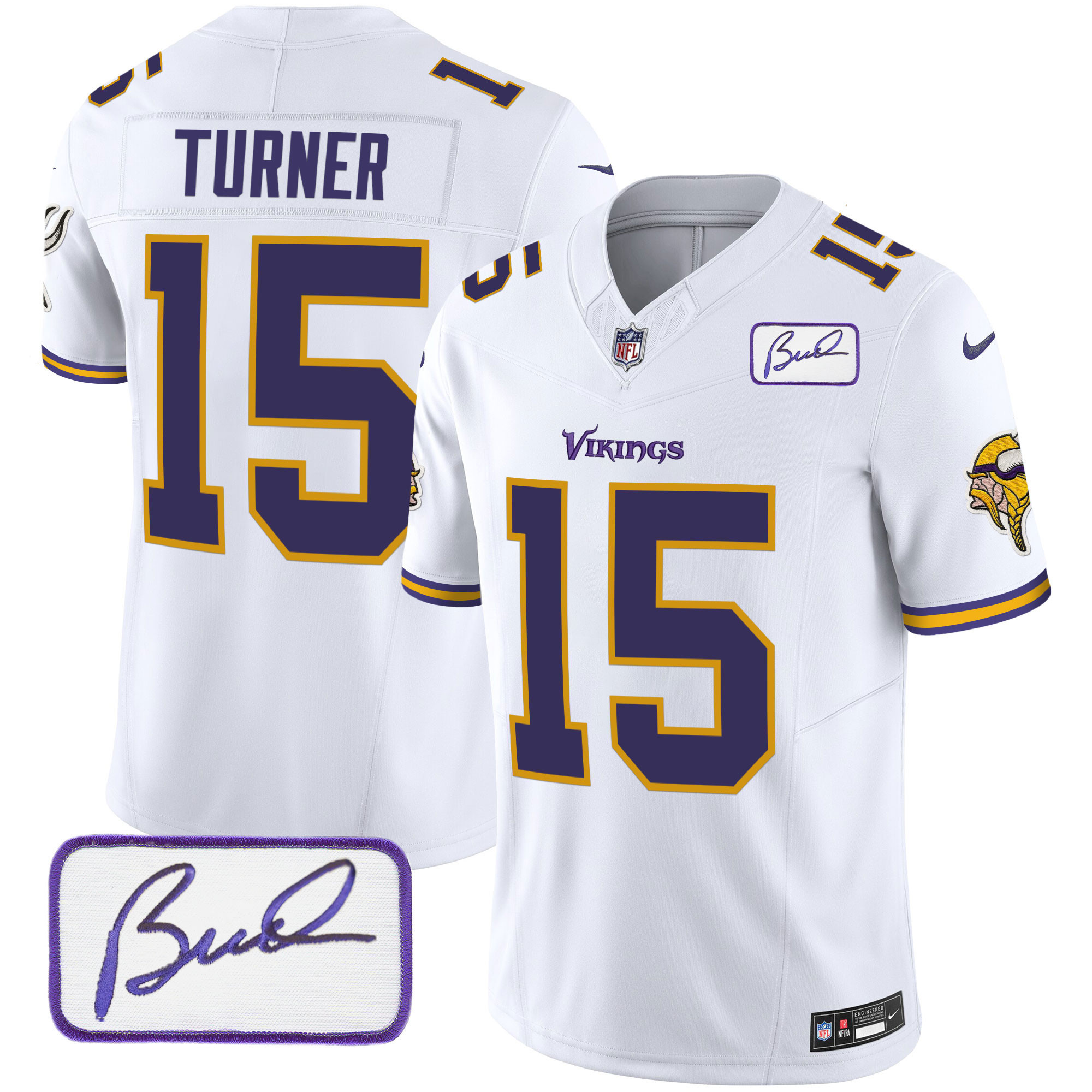 Dallas Turner Men's Minnesota Vikings Bud Grant Patch Classic Limited V6 White Jersey - All Stitched