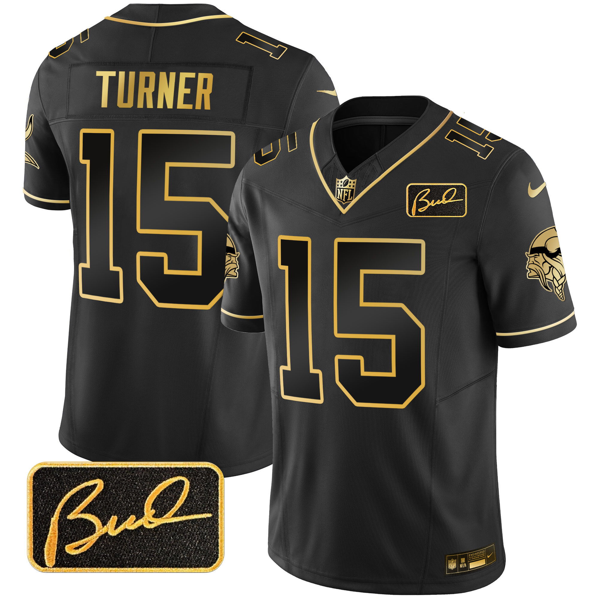 Dallas Turner Men's Minnesota Vikings Bud Grant Patch Gold Limited V2 Black Gold Jersey - All Stitched