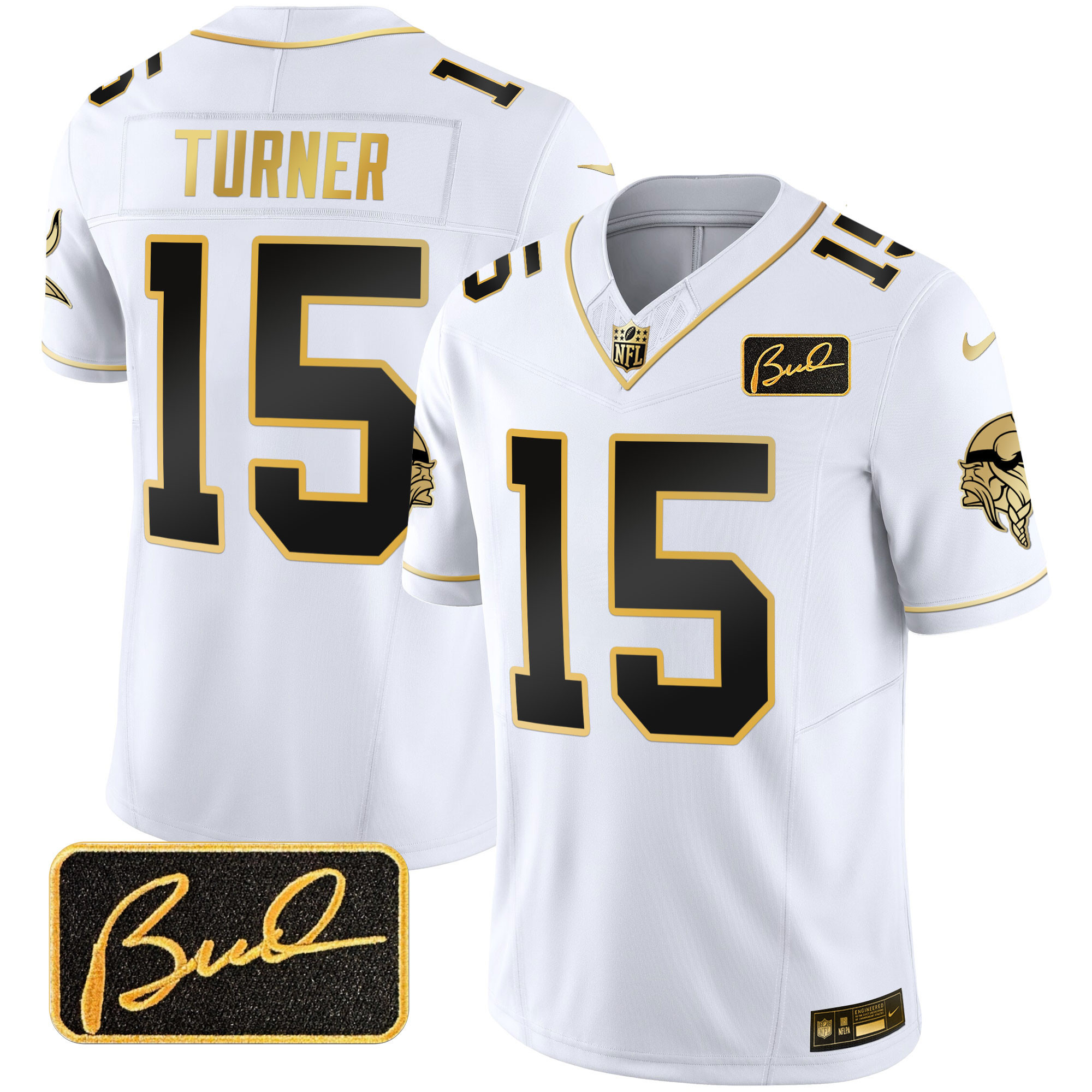 Dallas Turner Men's Minnesota Vikings Bud Grant Patch Gold Limited V2 White Gold Jersey - All Stitched