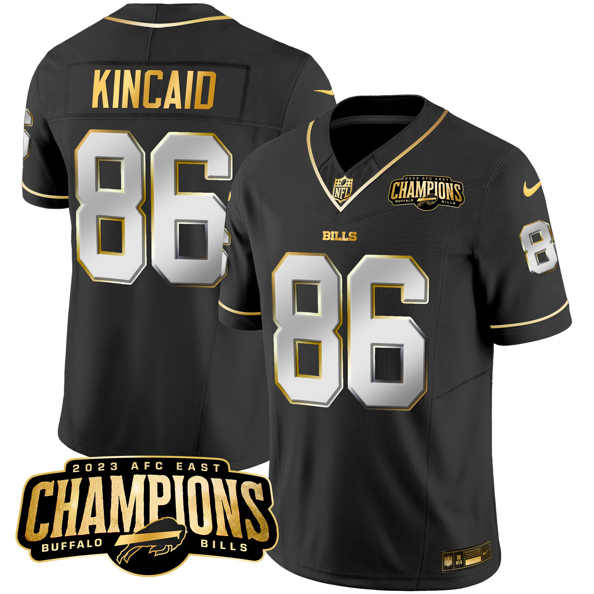 Dalton Kincaid Men's Buffalo Bills 2023 AFC East Champions Patch Gold Vapor Black Limited Jersey - All Stitched 