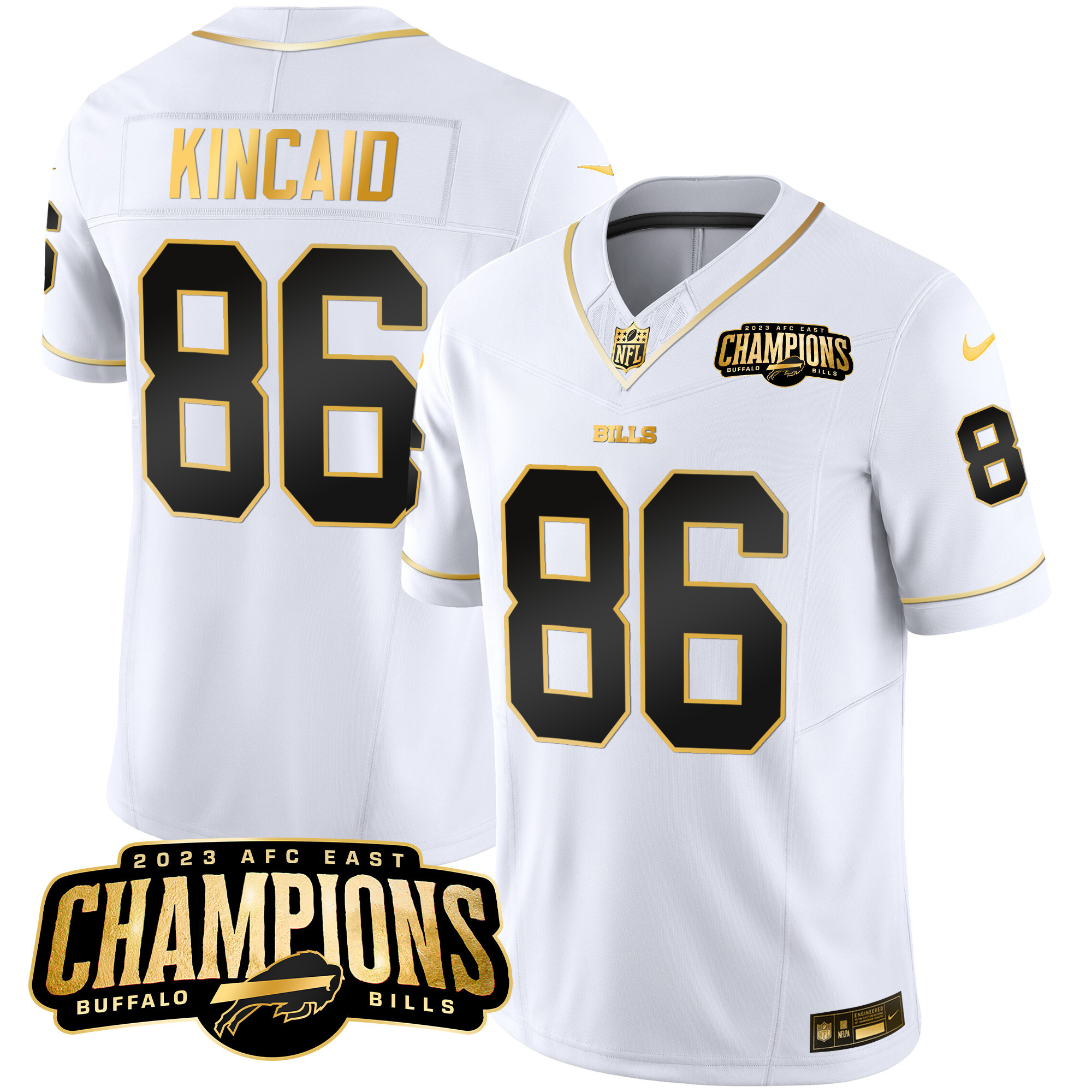 Dalton Kincaid Men's Buffalo Bills 2023 AFC East Champions Patch Gold Vapor White Gold Jersey - All Stitched 