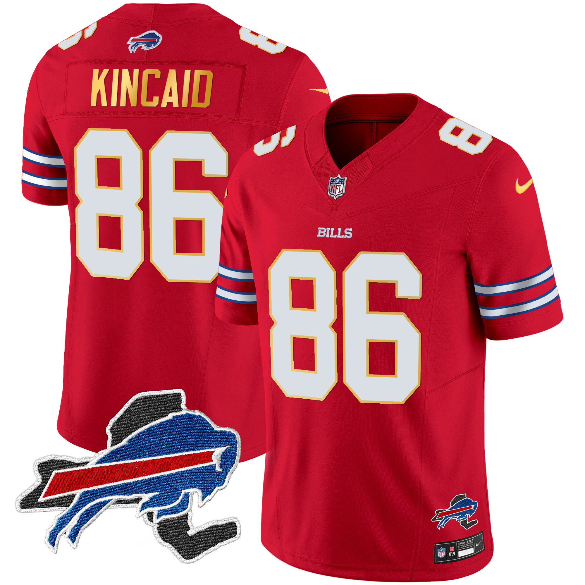 Dalton Kincaid Men's Buffalo Bills New York Patch Gold Trim Vapor Red Jersey - All Stitched 