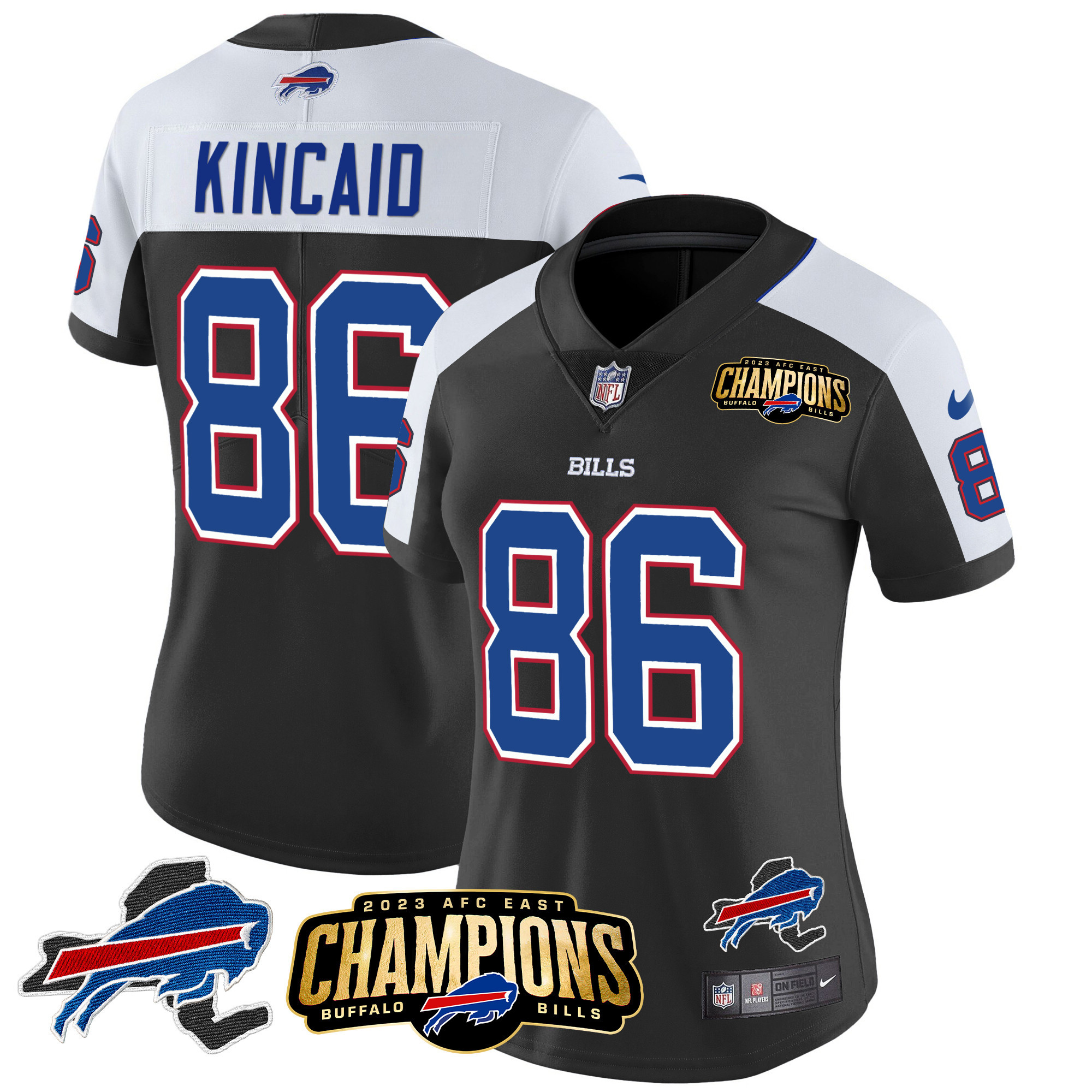 Dalton Kincaid Women's Buffalo Bills 2023 AFC East Champions Patch Gold Vapor Black Alternate Jersey - All Stitched 
