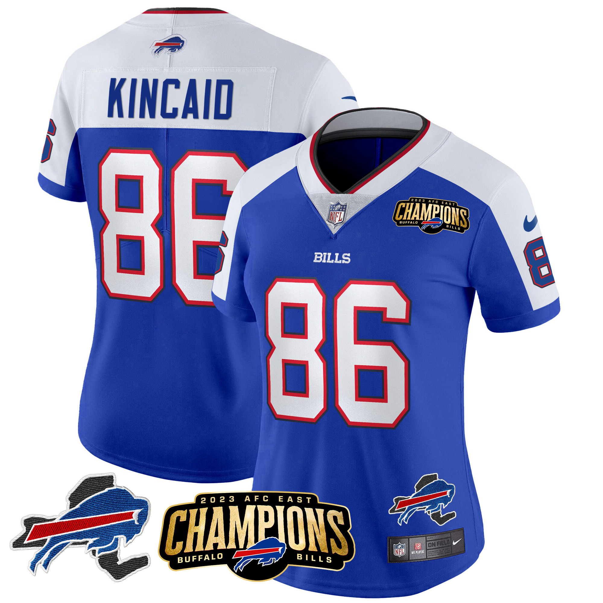 Dalton Kincaid Women's Buffalo Bills 2023 AFC East Champions Patch Gold Vapor Royal Alternate Jersey - All Stitched 