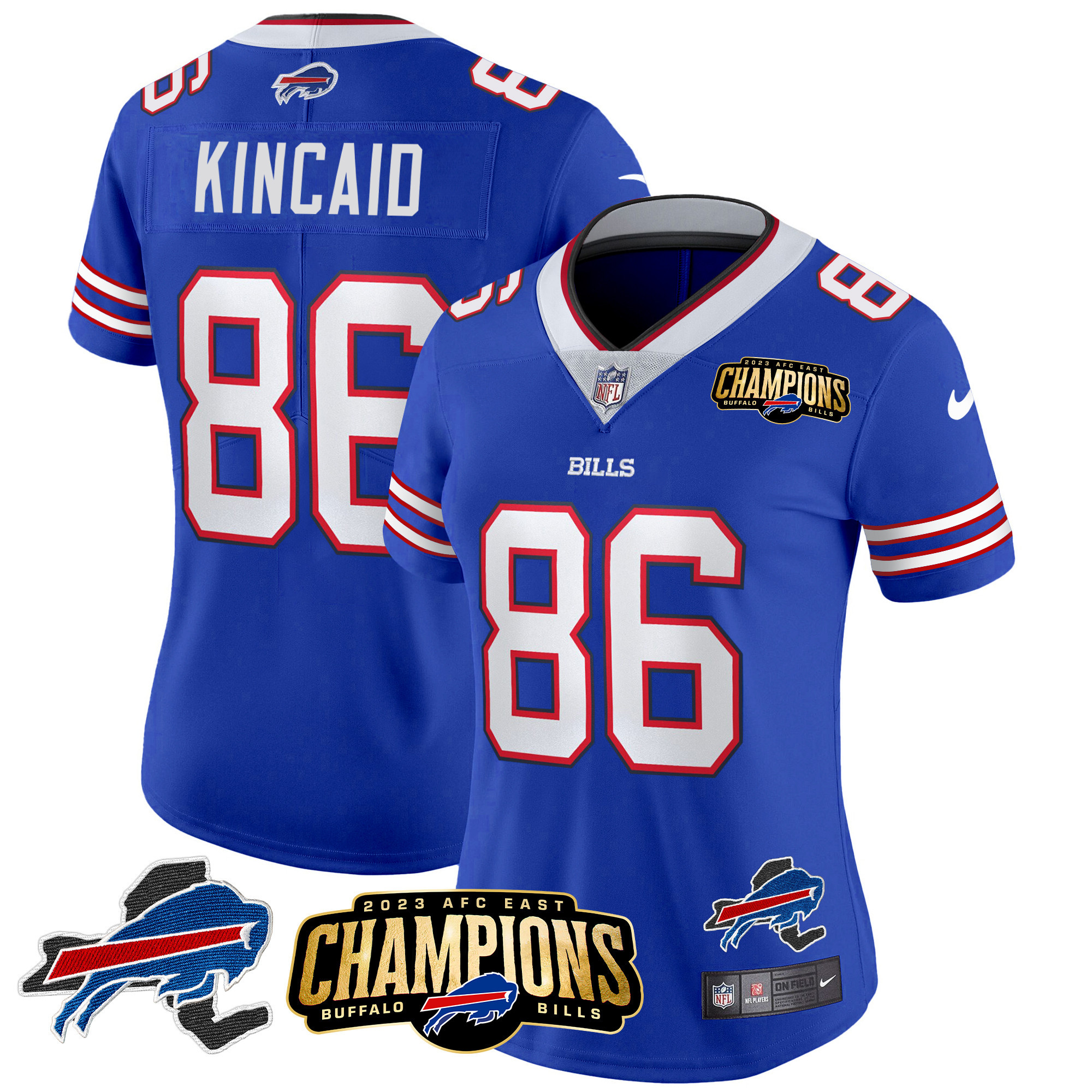 Dalton Kincaid Women's Buffalo Bills 2023 AFC East Champions Patch Gold Vapor Royal Jersey - All Stitched 