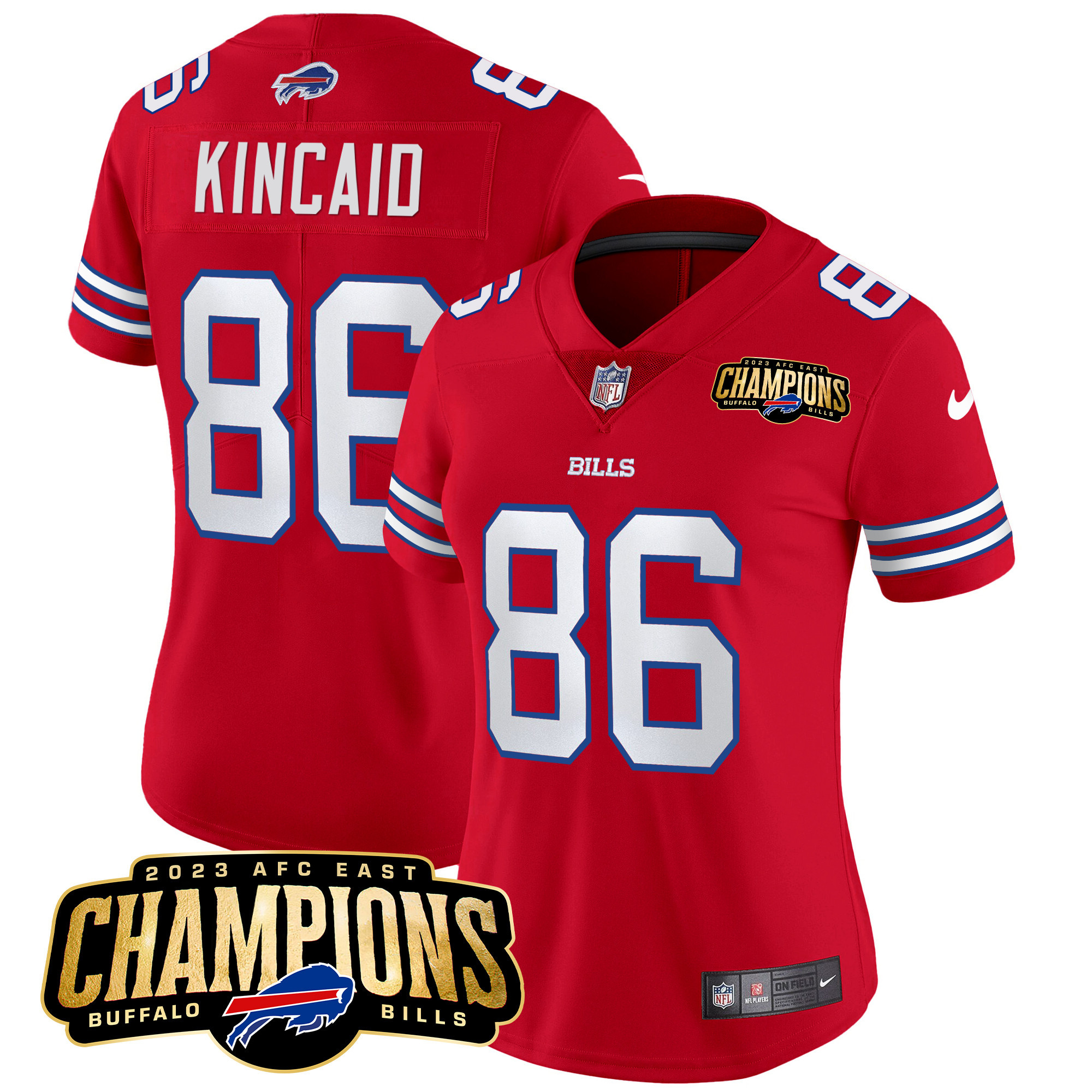 Dalton Kincaid Women's Buffalo Bills 2023 AFC East Champions Patch Vapor Red Jersey - All Stitched 