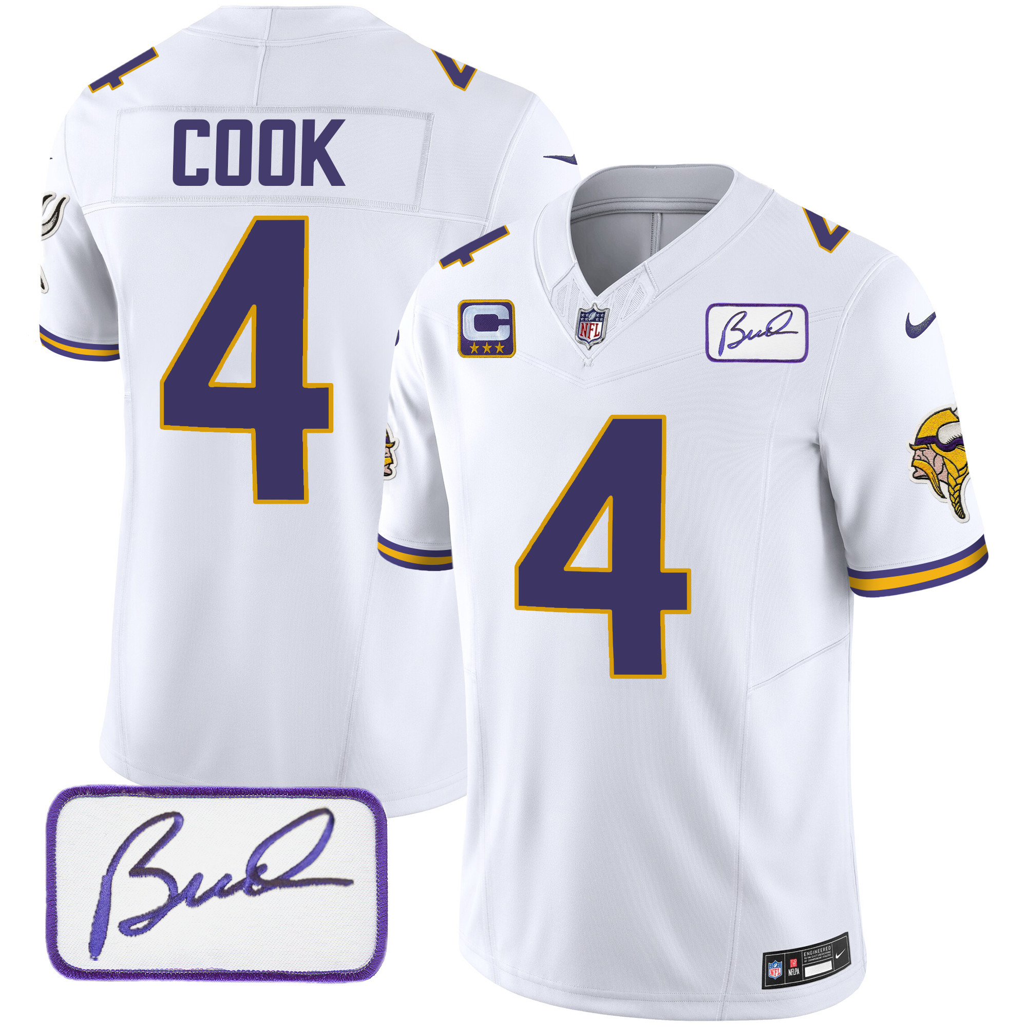 Dalvin Cook Men's Minnesota Vikings Bud Grant Patch Classic Limited V4 White Jersey - All Stitched