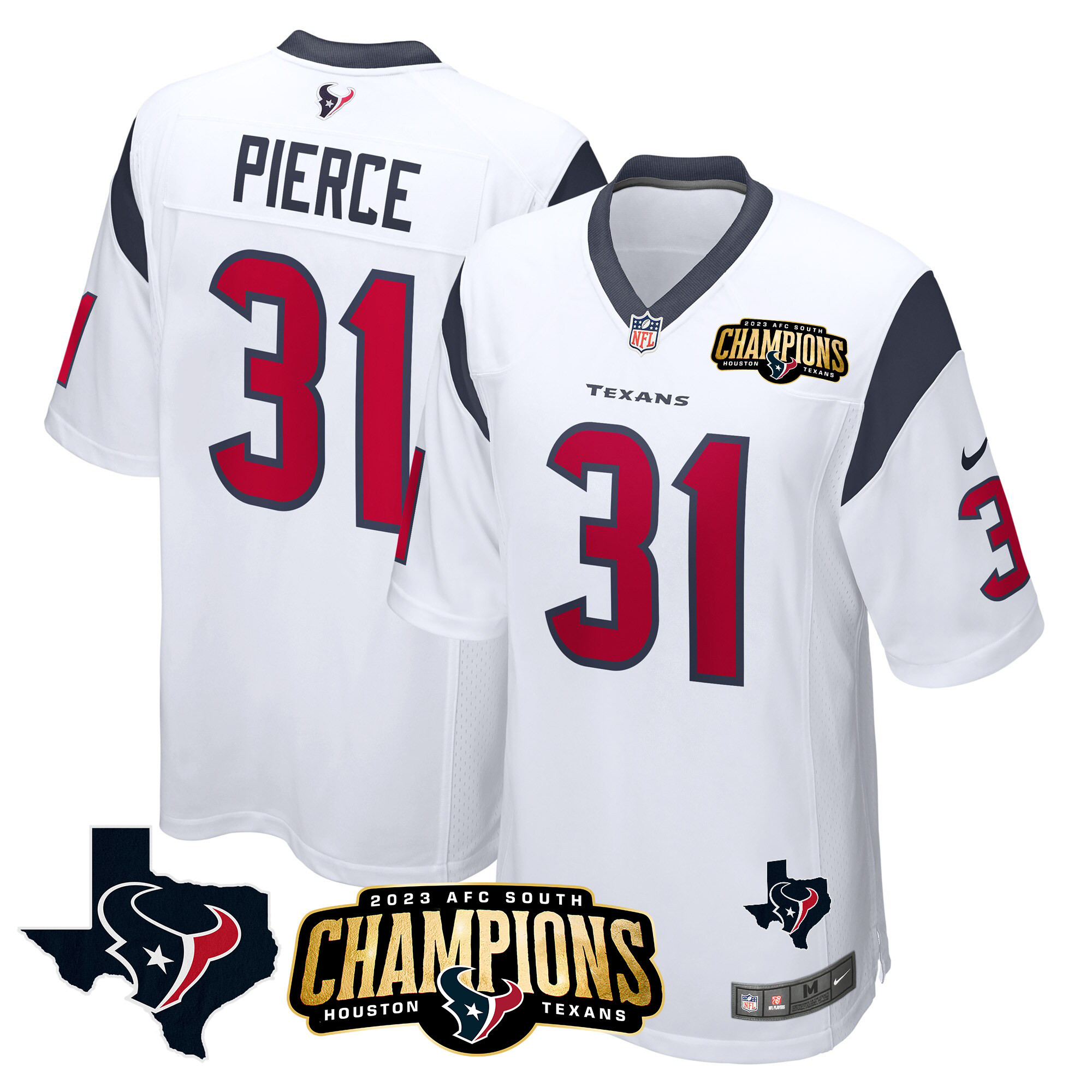 Dameon Pierce Men's Houston Texans 2023 AFC South Champions Patch Game White Jersey - All Stitched 
