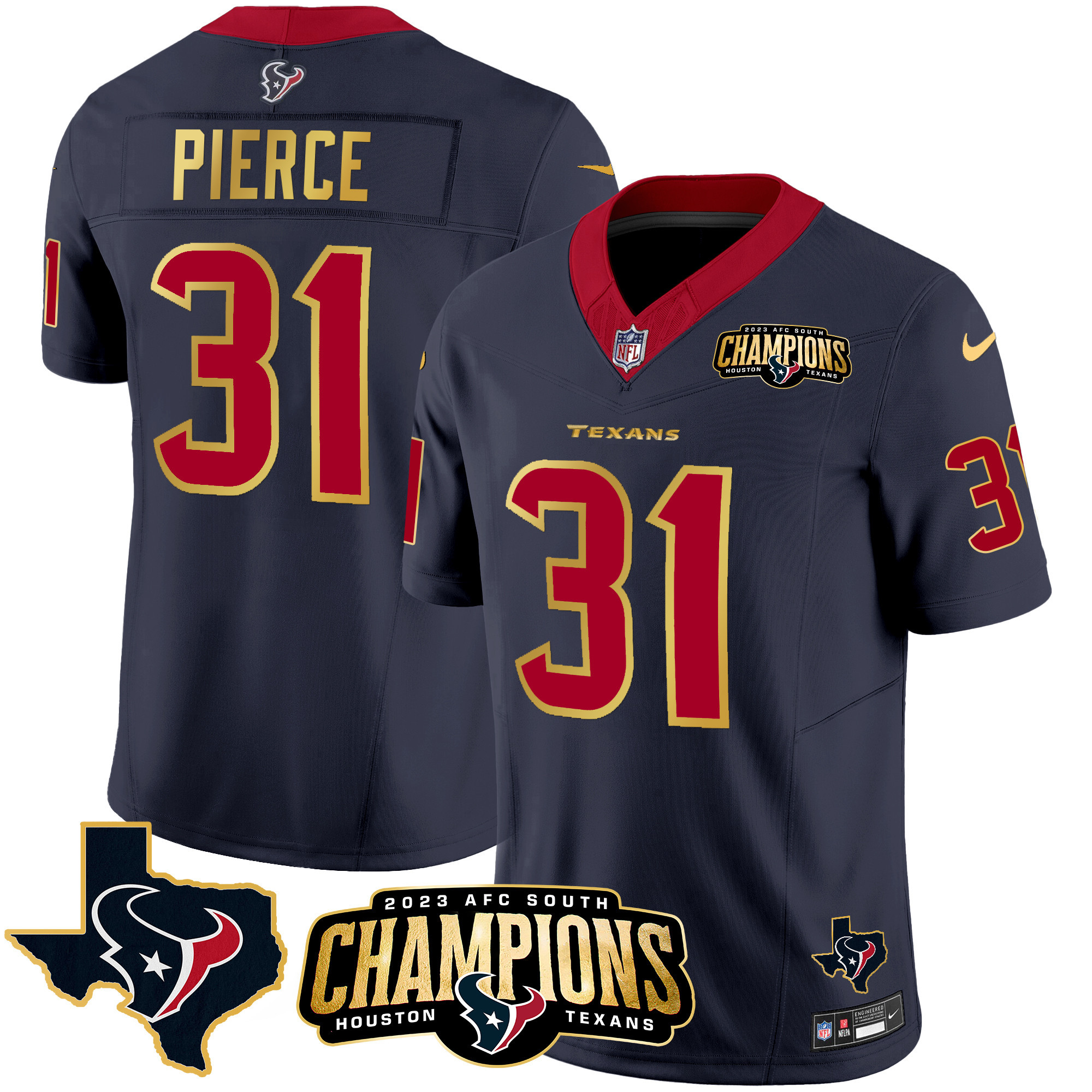 Dameon Pierce Men's Houston Texans 2023 AFC South Champions Patch Gold Trim Vapor Navy Jersey - All Stitched 