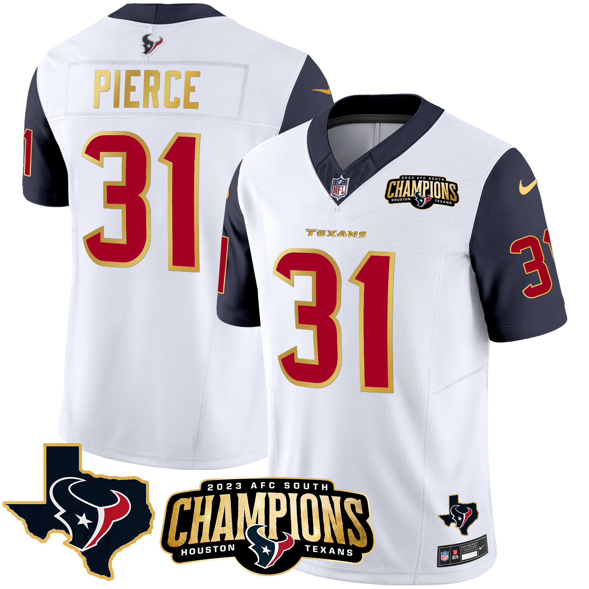Dameon Pierce Men's Houston Texans 2023 AFC South Champions Patch Gold Trim Vapor Navy Sleeves Jersey - All Stitched 
