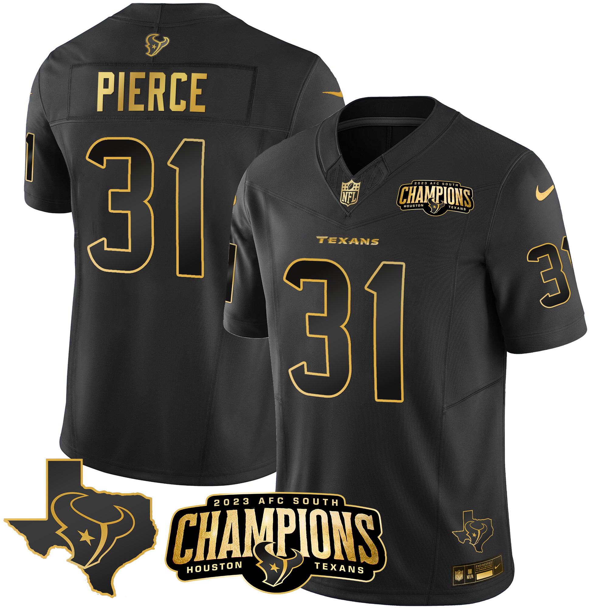 Dameon Pierce Men's Houston Texans 2023 AFC South Champions Patch Gold Vapor Black Gold Jersey - All Stitched 
