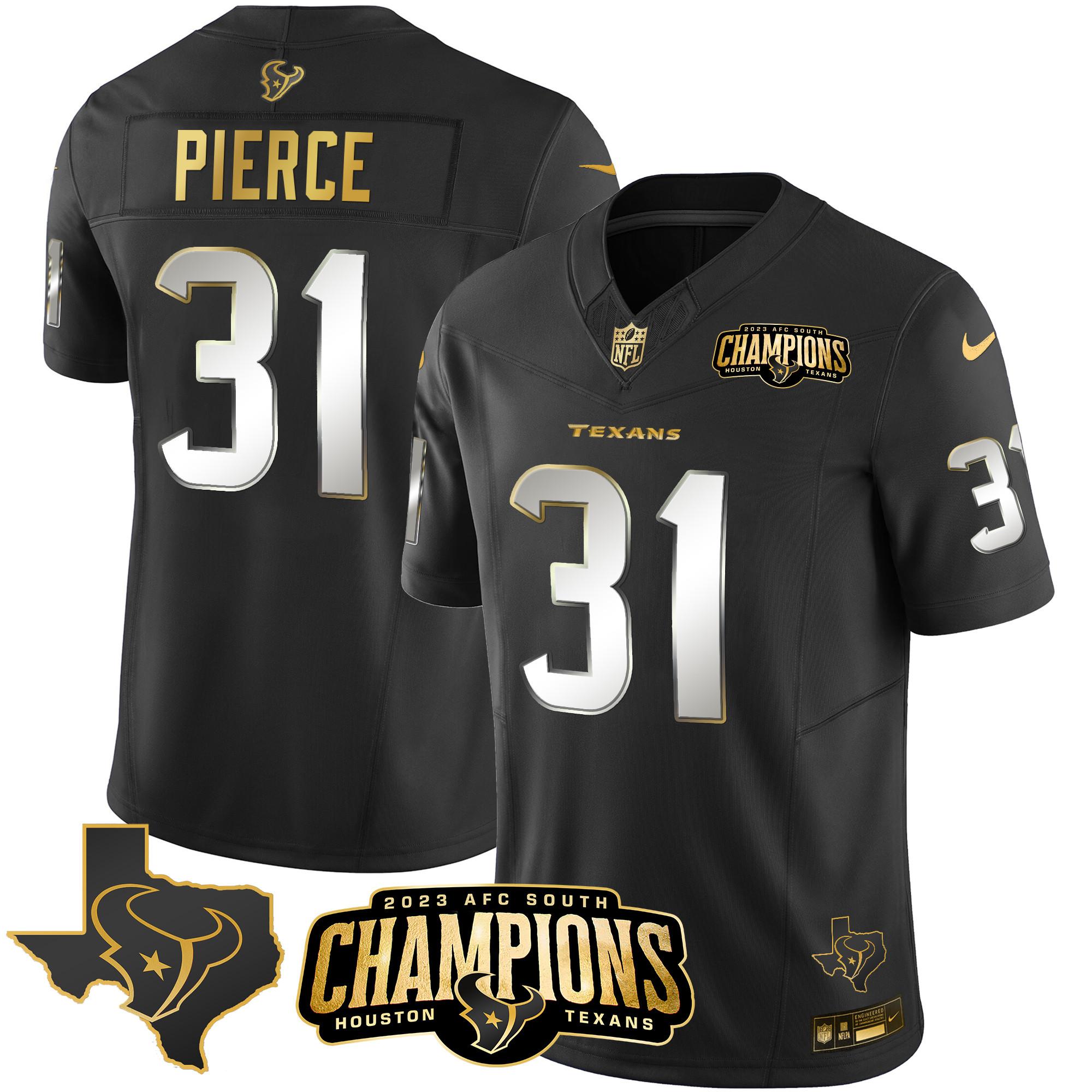 Dameon Pierce Men's Houston Texans 2023 AFC South Champions Patch Gold Vapor Black Limited Jersey - All Stitched 