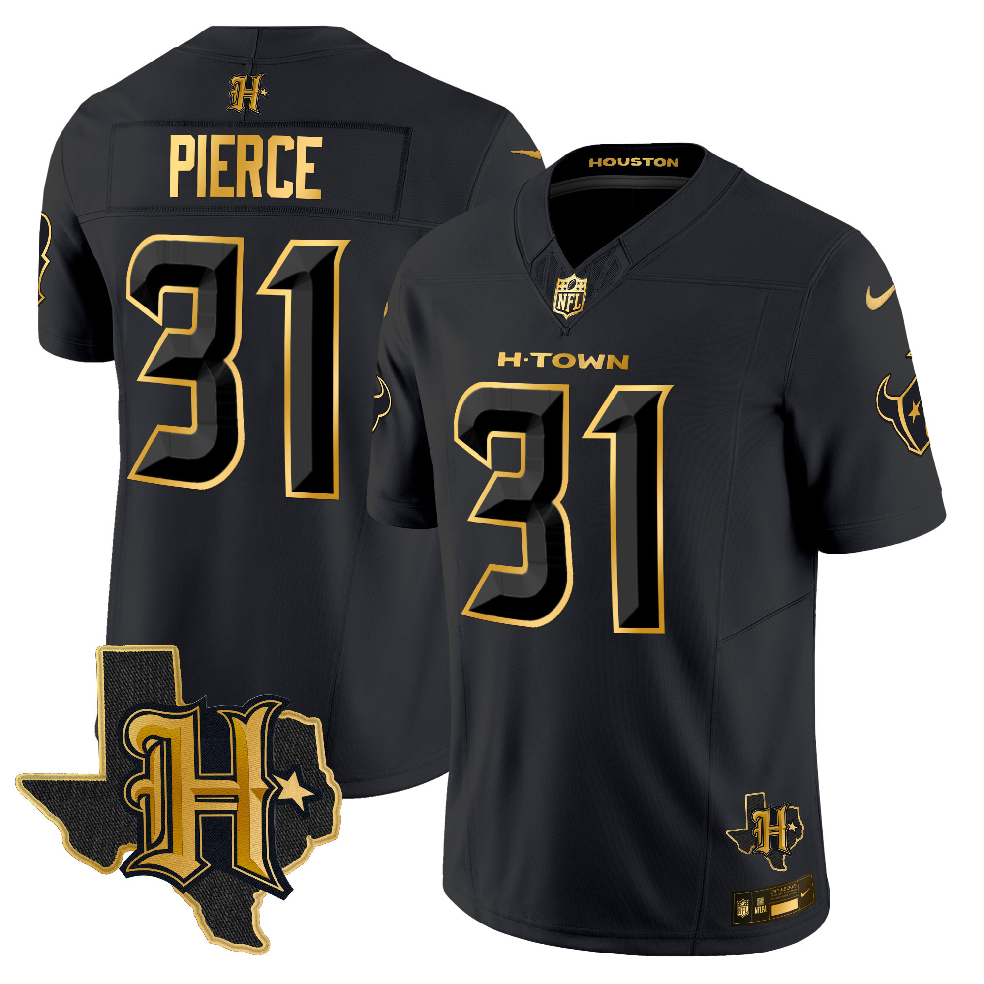 Dameon Pierce Men's Houston Texans 2024 Texas Patch Gold Vapor Limited Black Gold Jersey - All Stitched 