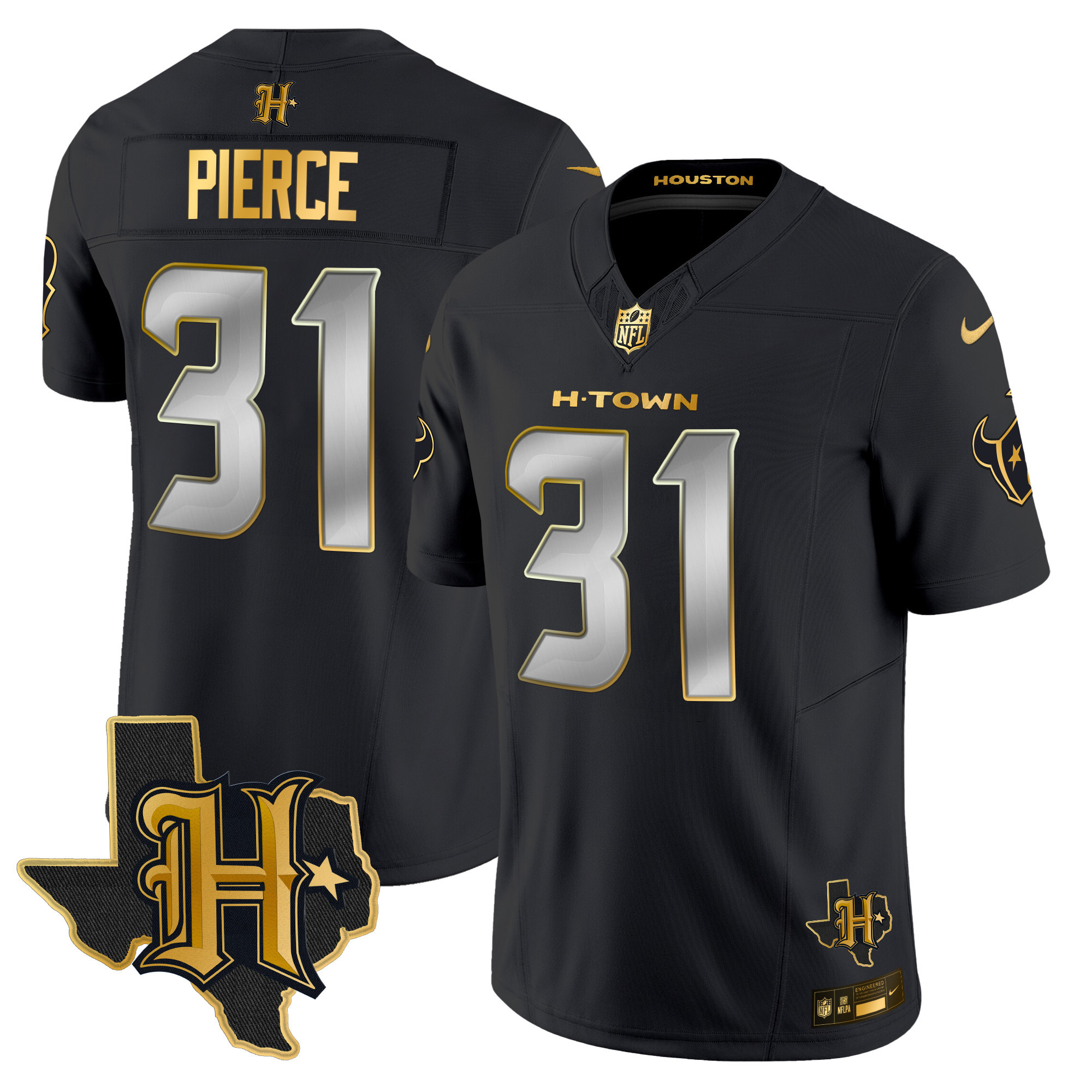 Dameon Pierce Men's Houston Texans 2024 Texas Patch Gold Vapor Limited Black Limited Jersey - All Stitched 