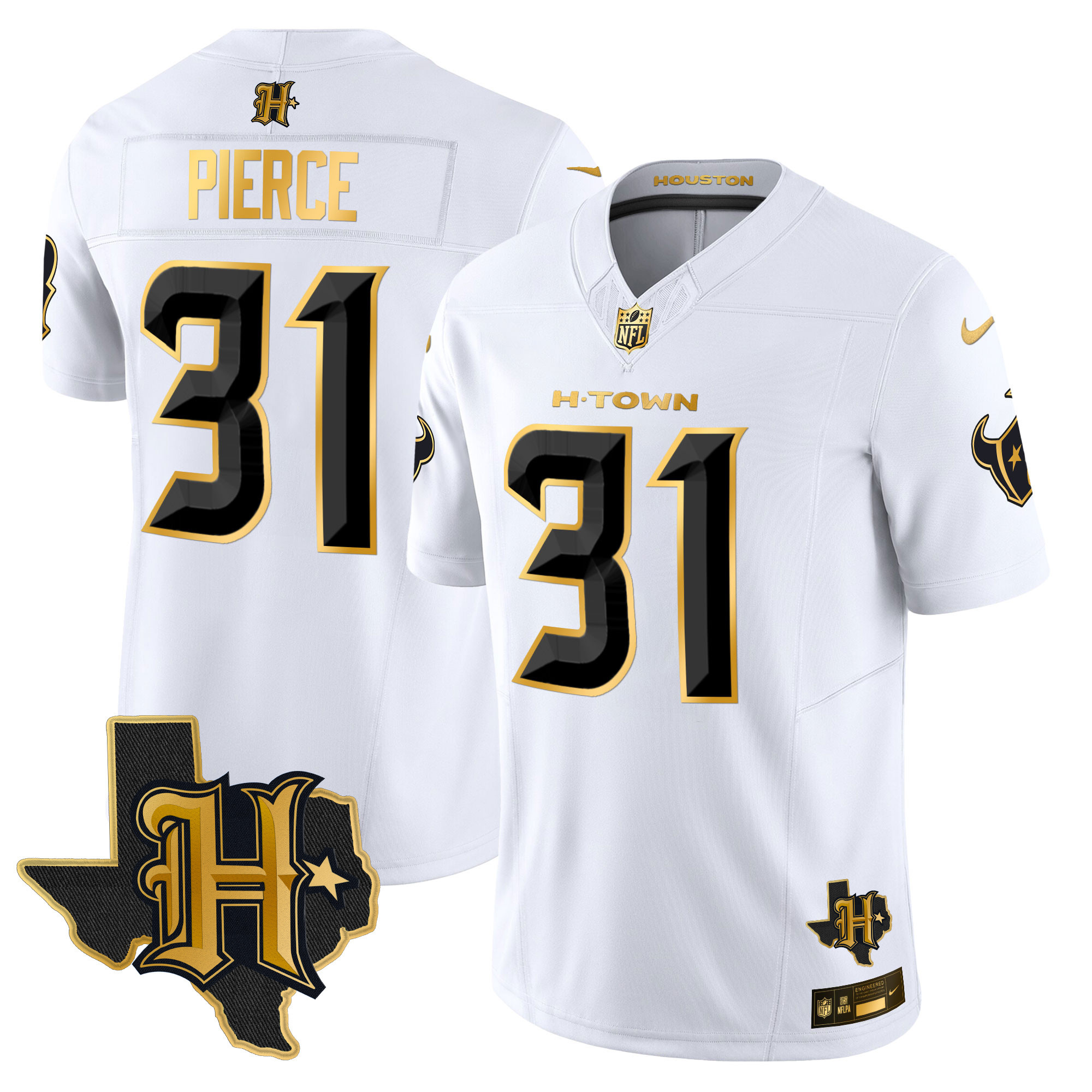 Dameon Pierce Men's Houston Texans 2024 Texas Patch Gold Vapor Limited White Gold Jersey - All Stitched 
