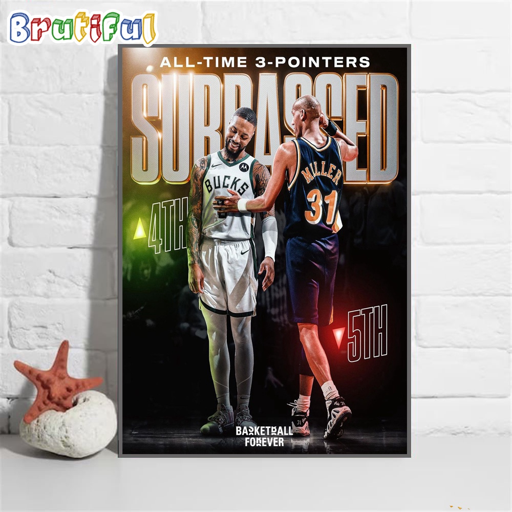 Damian Lillard Surpasses Reggie Miller For 4th All Time In Three Pointers Made Wall Art Poster Canvas