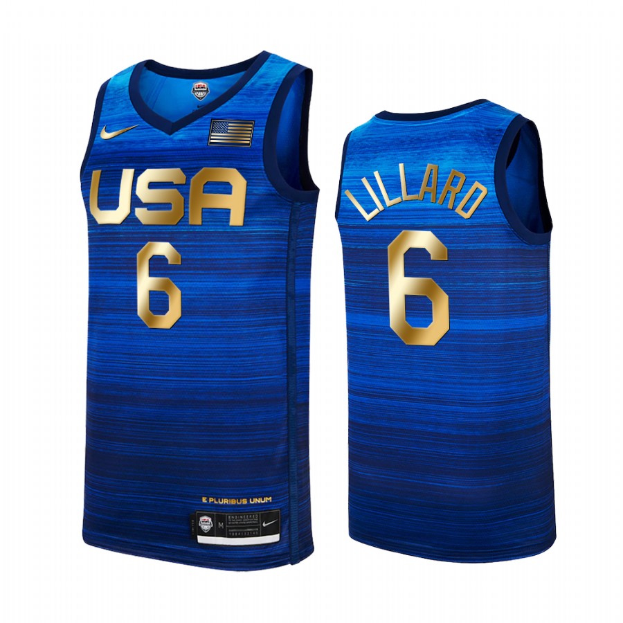 Damian Lillard USA #6 Blue 2021 Tokyo Olymipcs Gold Winner 4 Consecutive Jersey