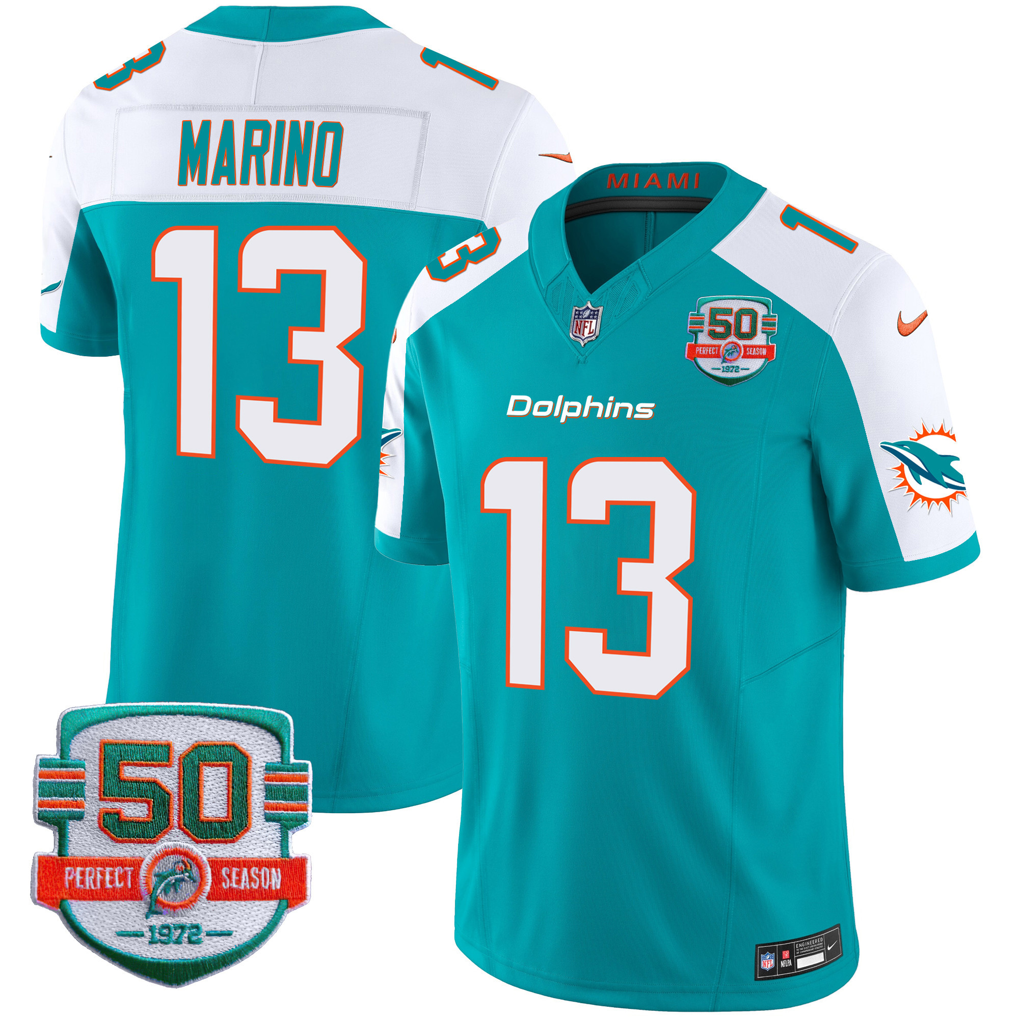 Dan Marino Men's Miami Dolphins 50th 1972 Perfect Season Patch Vapor Aqua Alternate Jersey - All Stitched 