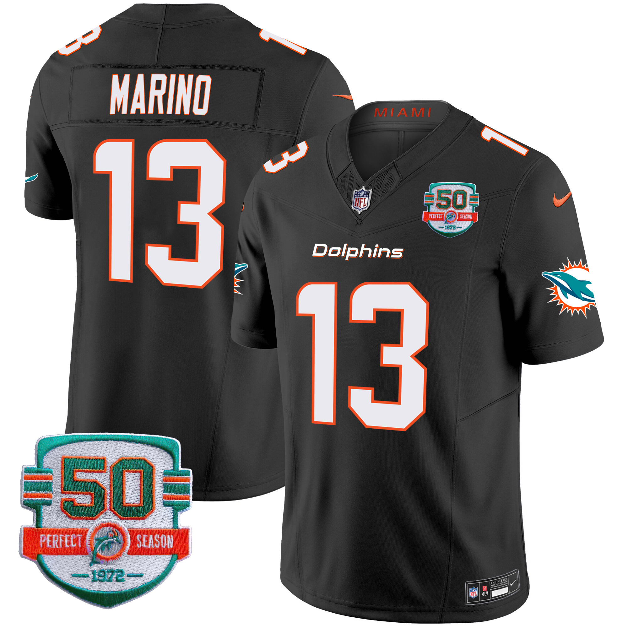 Dan Marino Men's Miami Dolphins 50th 1972 Perfect Season Patch Vapor Black Jersey - All Stitched 