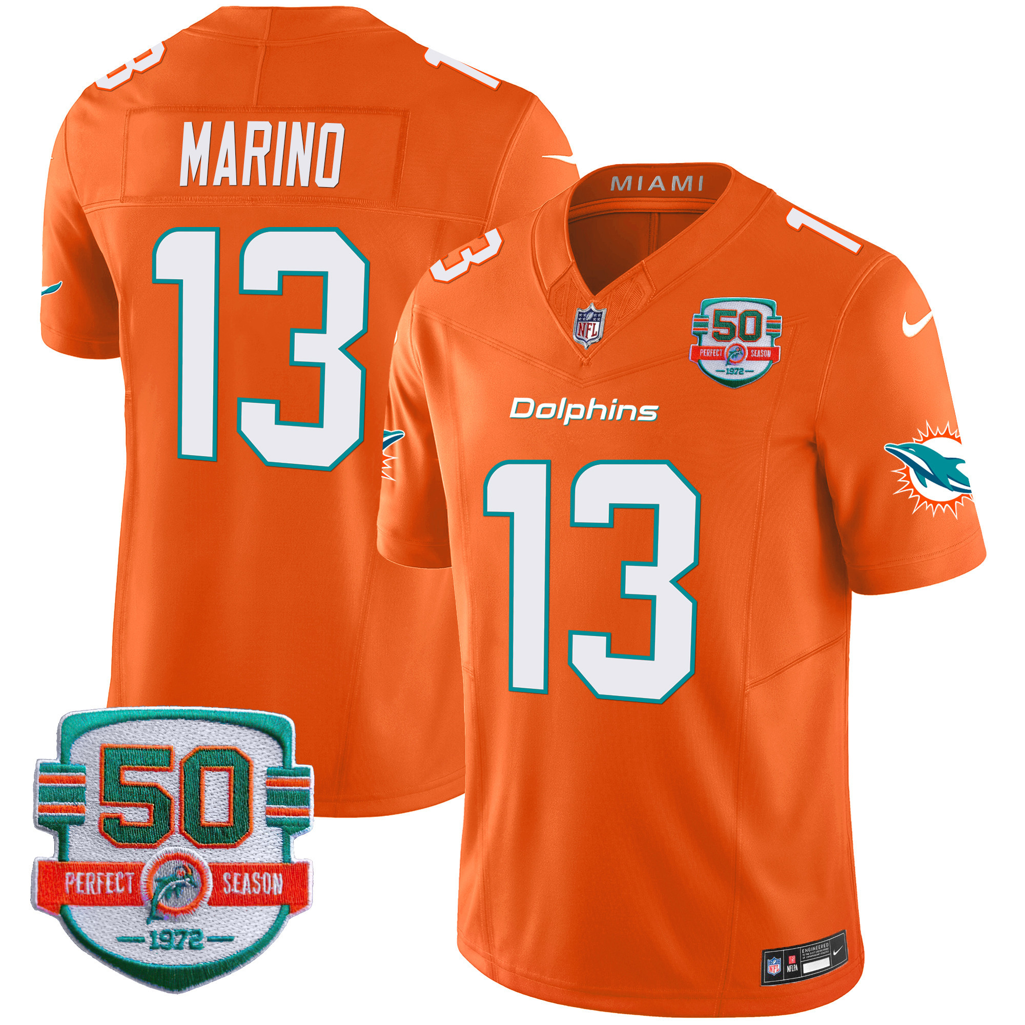 Dan Marino Men's Miami Dolphins 50th 1972 Perfect Season Patch Vapor Orange Jersey - All Stitched 