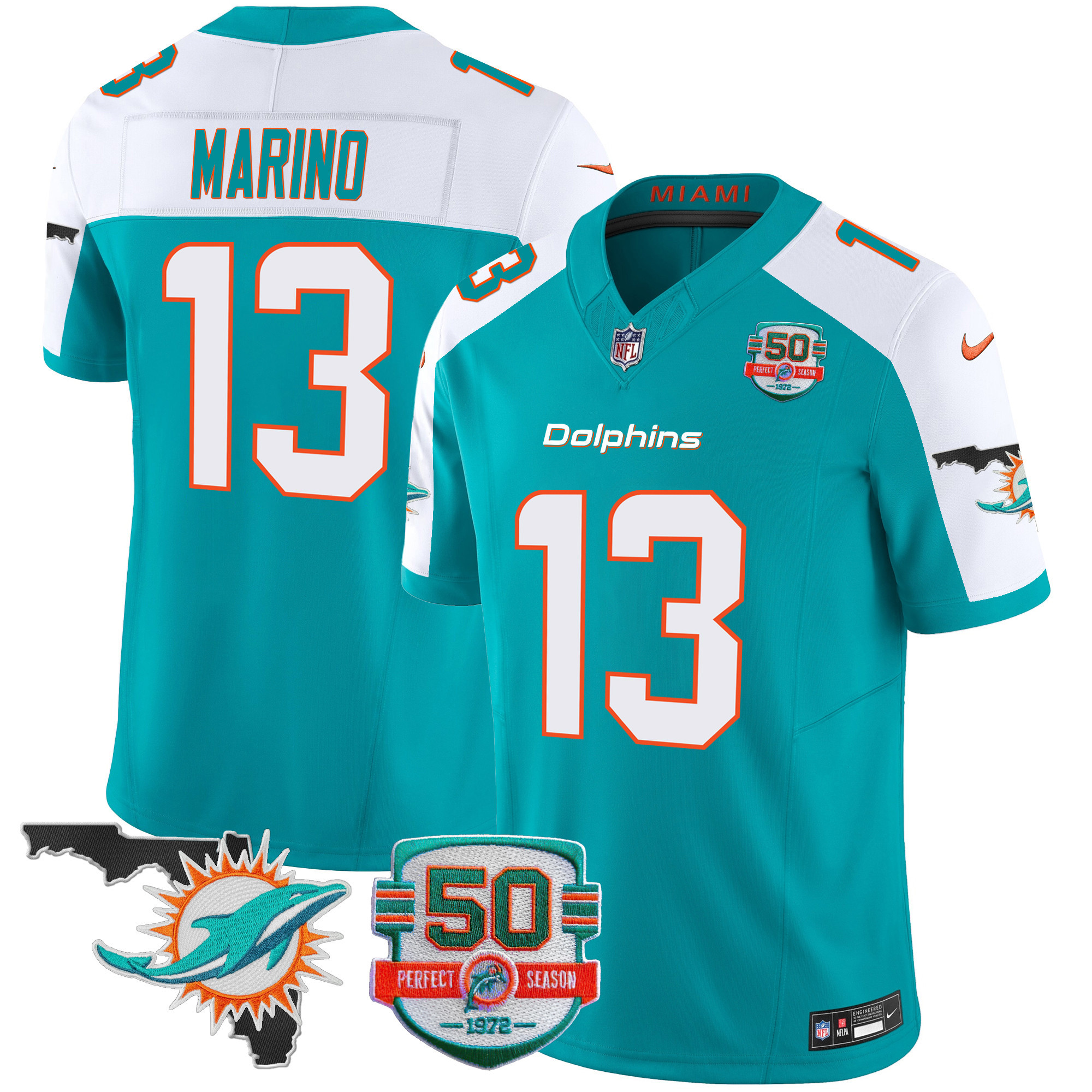 Dan Marino Men's Miami Dolphins 50th Perfect Season & Florida Patch Vapor Aqua Alternate Jersey - All Stitched 