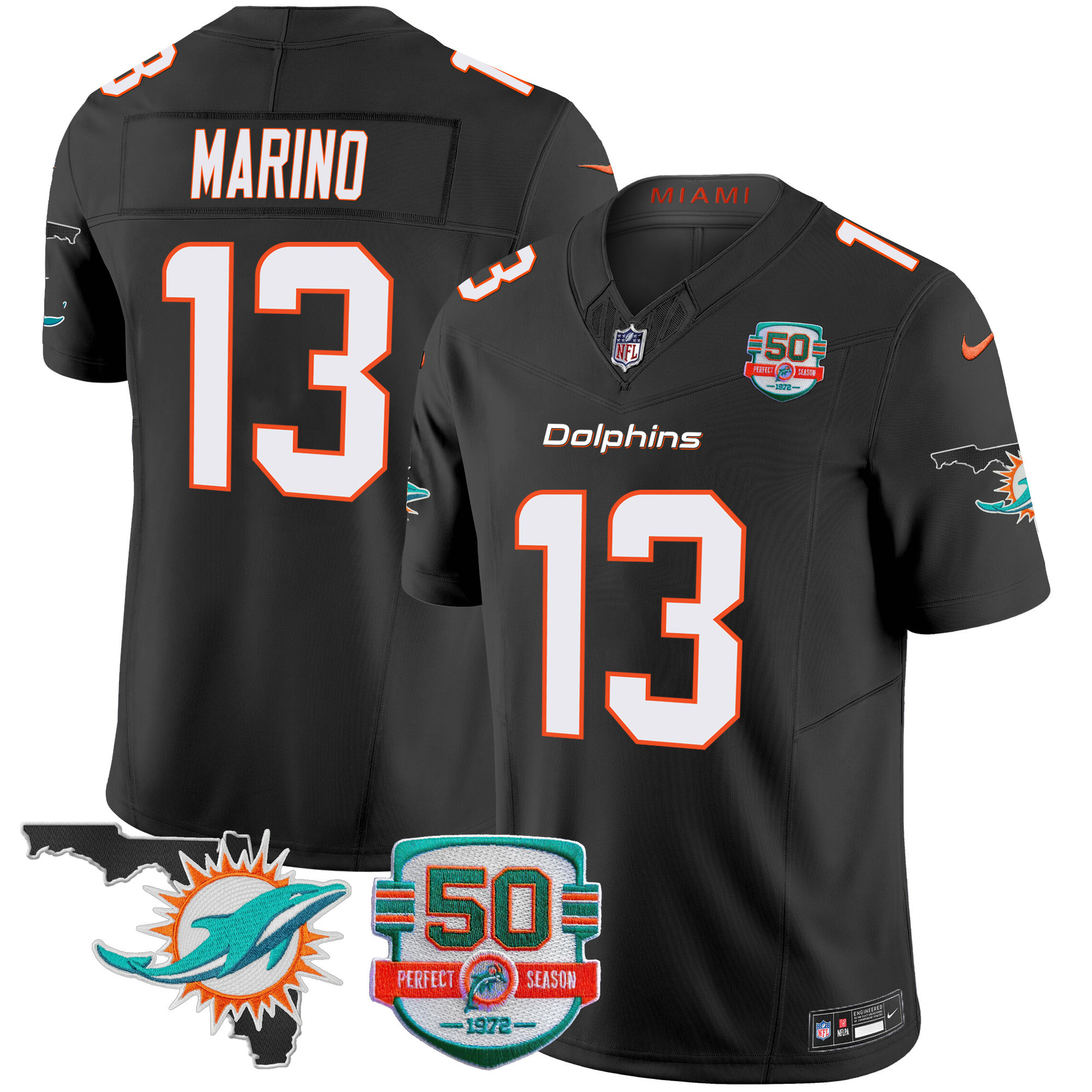 Dan Marino Men's Miami Dolphins 50th Perfect Season & Florida Patch Vapor Black Jersey - All Stitched 