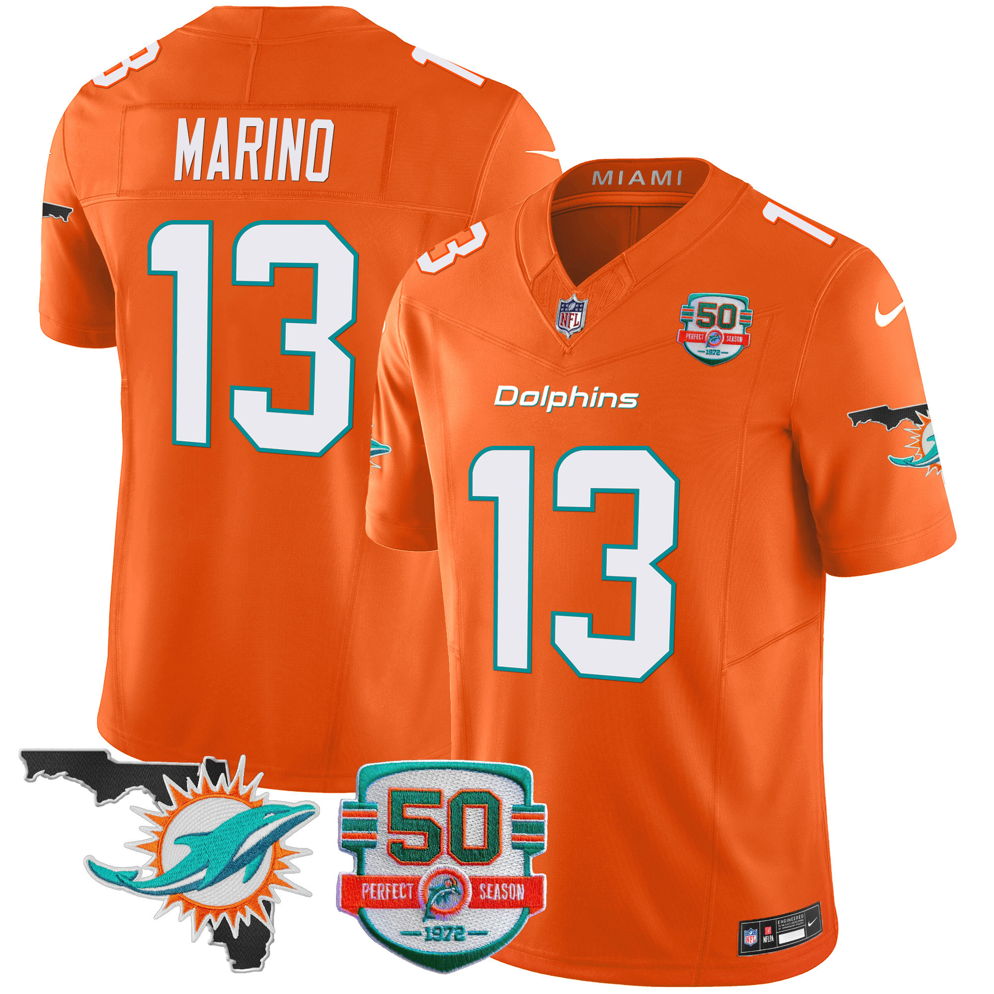 Dan Marino Men's Miami Dolphins 50th Perfect Season & Florida Patch Vapor Orange Jersey - All Stitched 