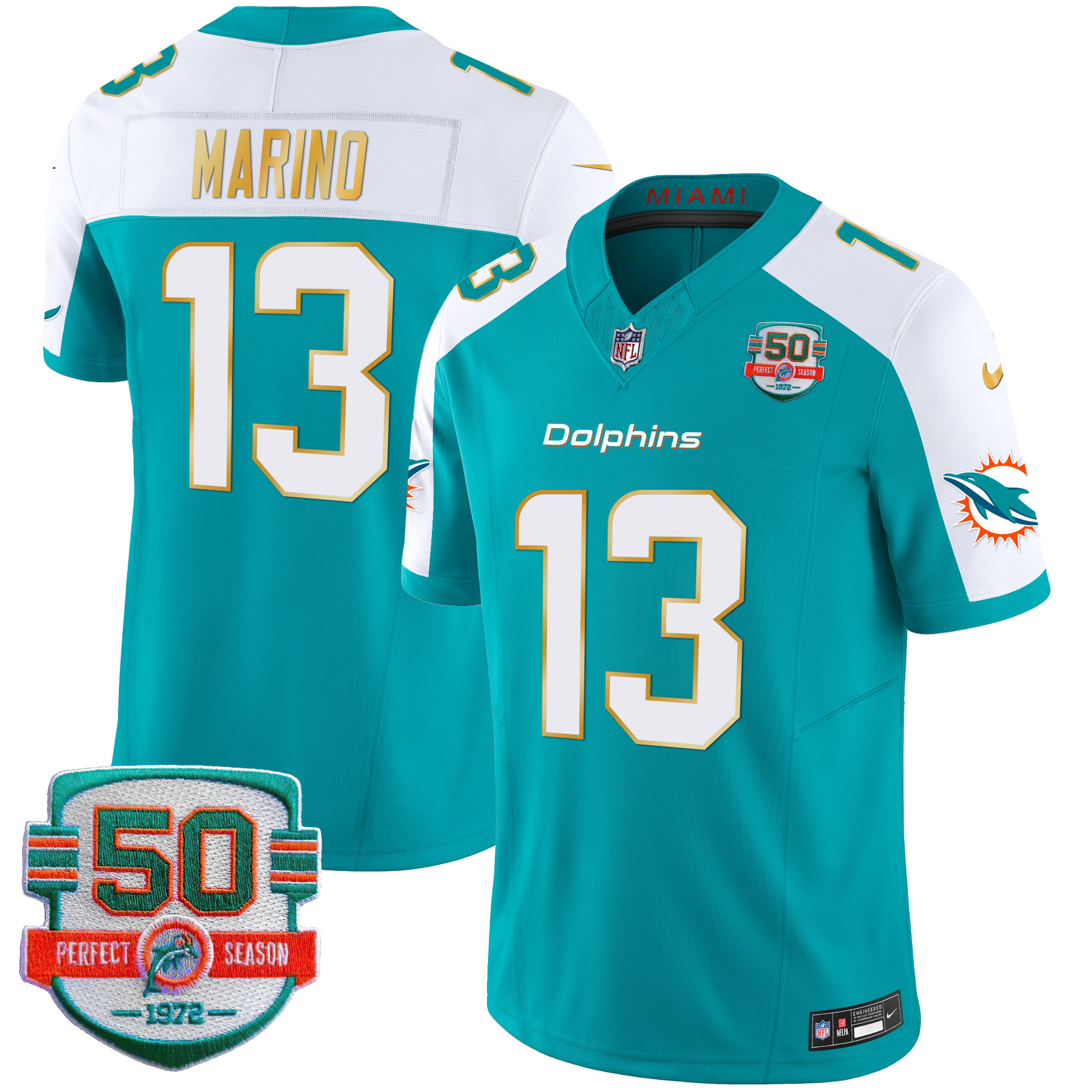 Dan Marino Men's Miami Dolphins Gold Trim Vapor Limited Aqua Alternate Jersey - All Stitched 
