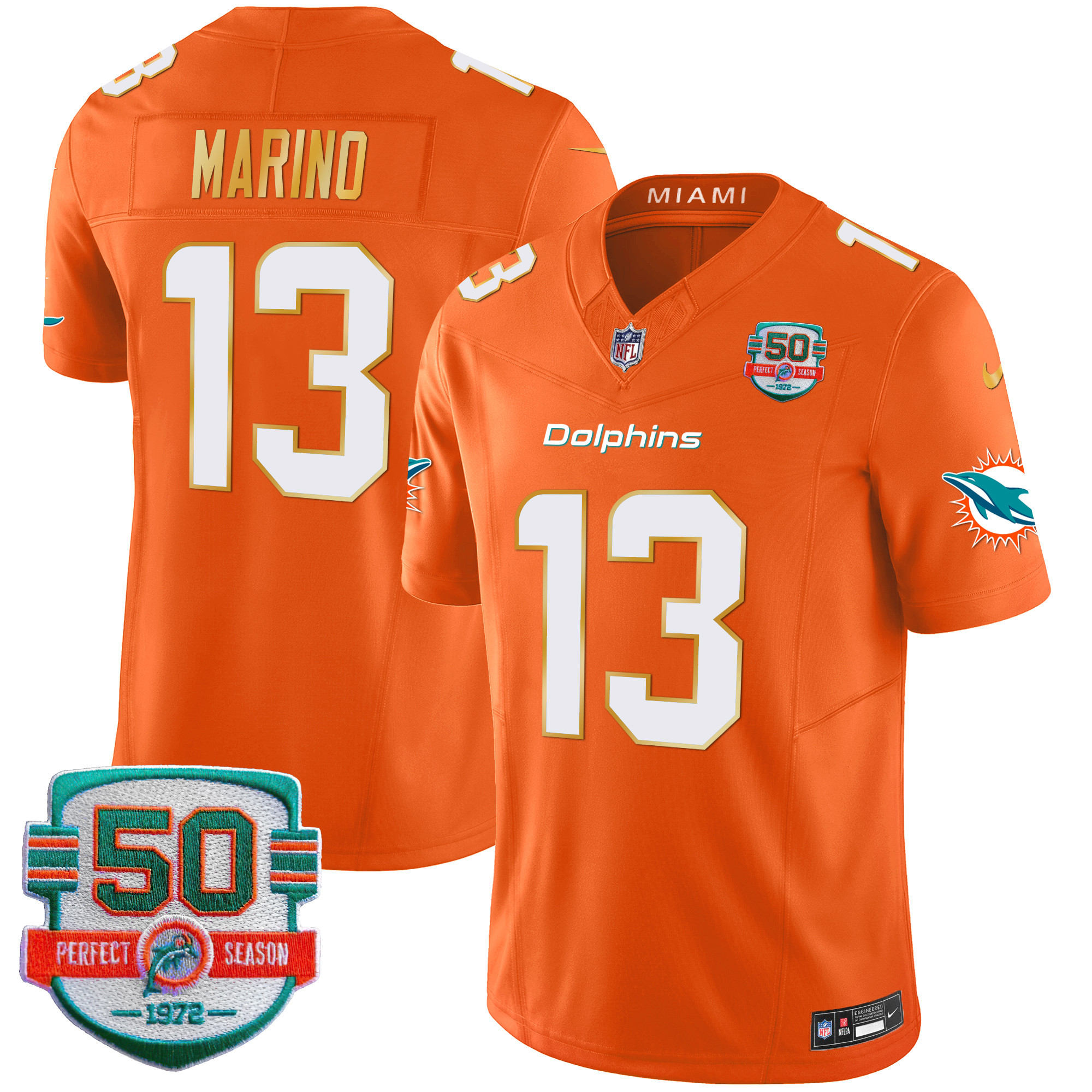 Dan Marino Men's Miami Dolphins Gold Trim Vapor Limited Orange Jersey - All Stitched 