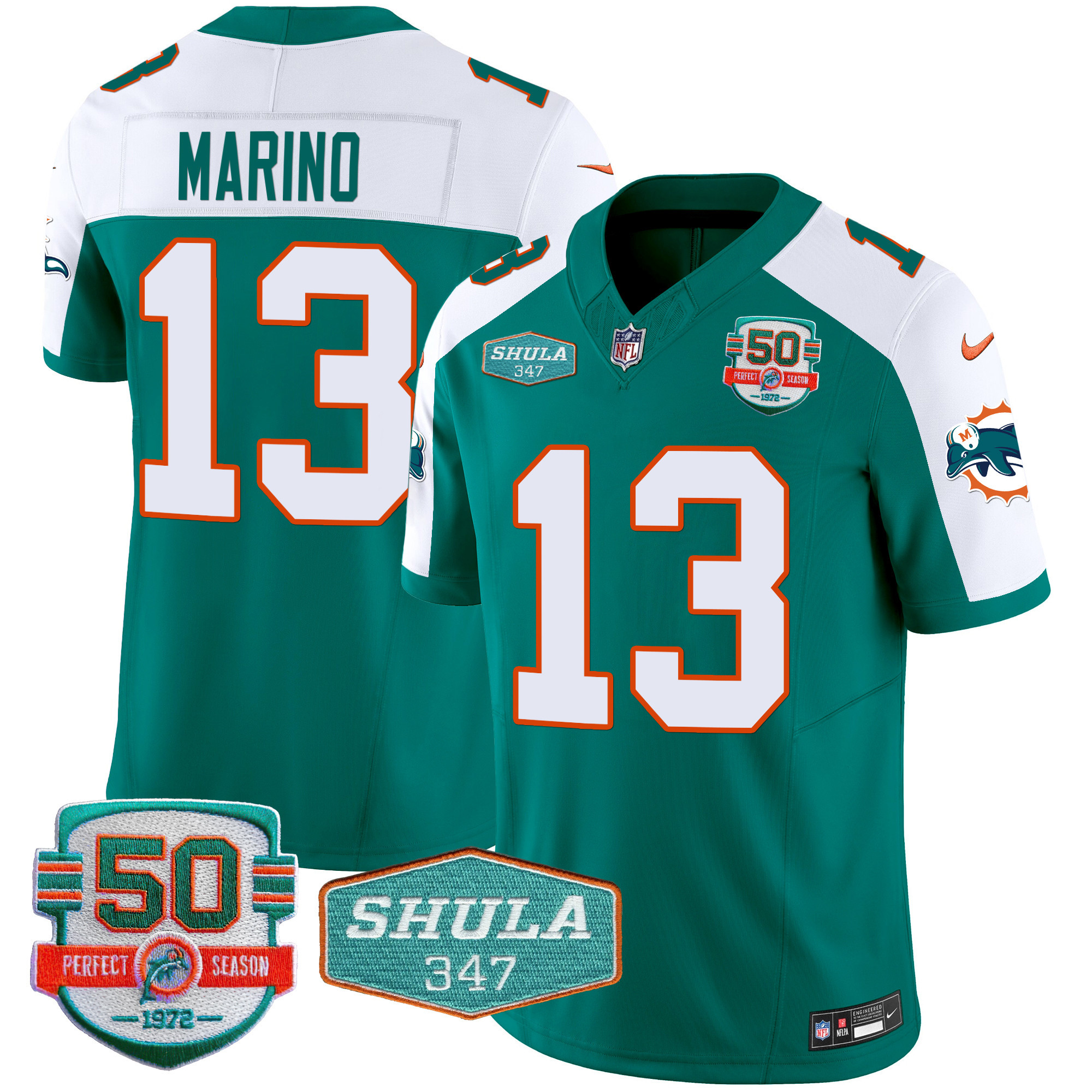Dan Marino Men's Miami Dolphins Throwback Shula 347 Patch Vapor Aqua Alternate Jersey - All Stitched 