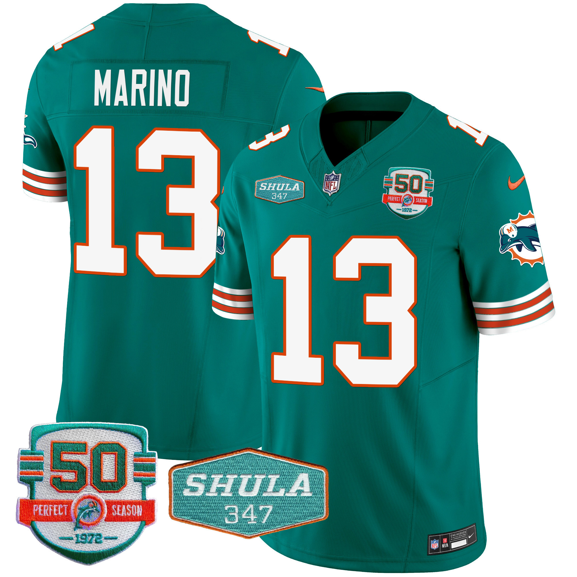 Dan Marino Men's Miami Dolphins Throwback Shula 347 Patch Vapor Aqua Jersey - All Stitched 