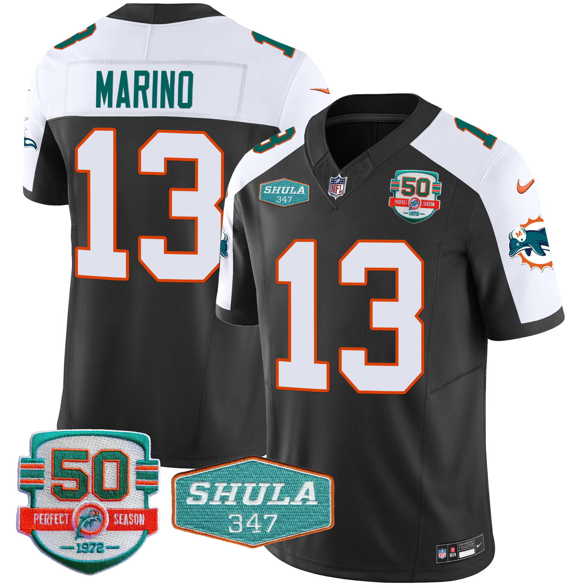 Dan Marino Men's Miami Dolphins Throwback Shula 347 Patch Vapor Black Alternate Jersey - All Stitched 