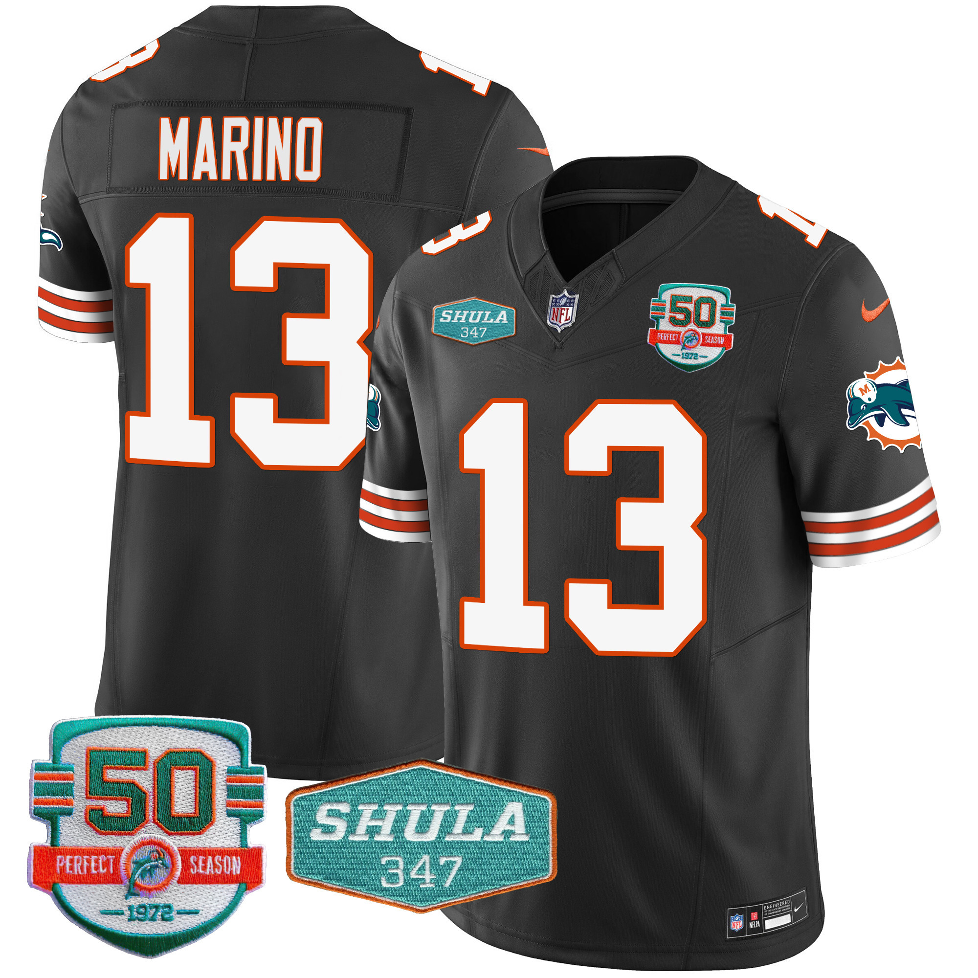 Dan Marino Men's Miami Dolphins Throwback Shula 347 Patch Vapor Black Jersey - All Stitched 