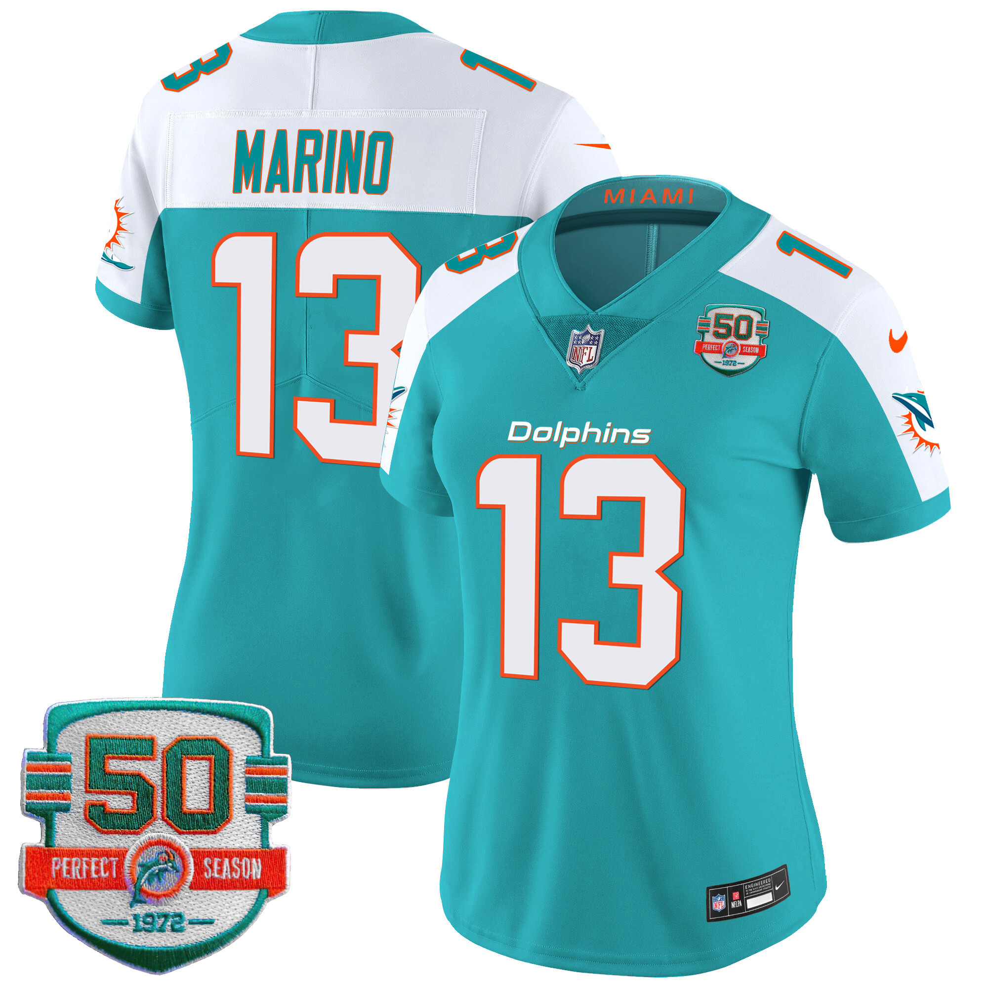 Dan Marino Women's Miami Dolphins 50th 1972 Perfect Season Patch Vapor Aqua Alternate Jersey - All Stitched 