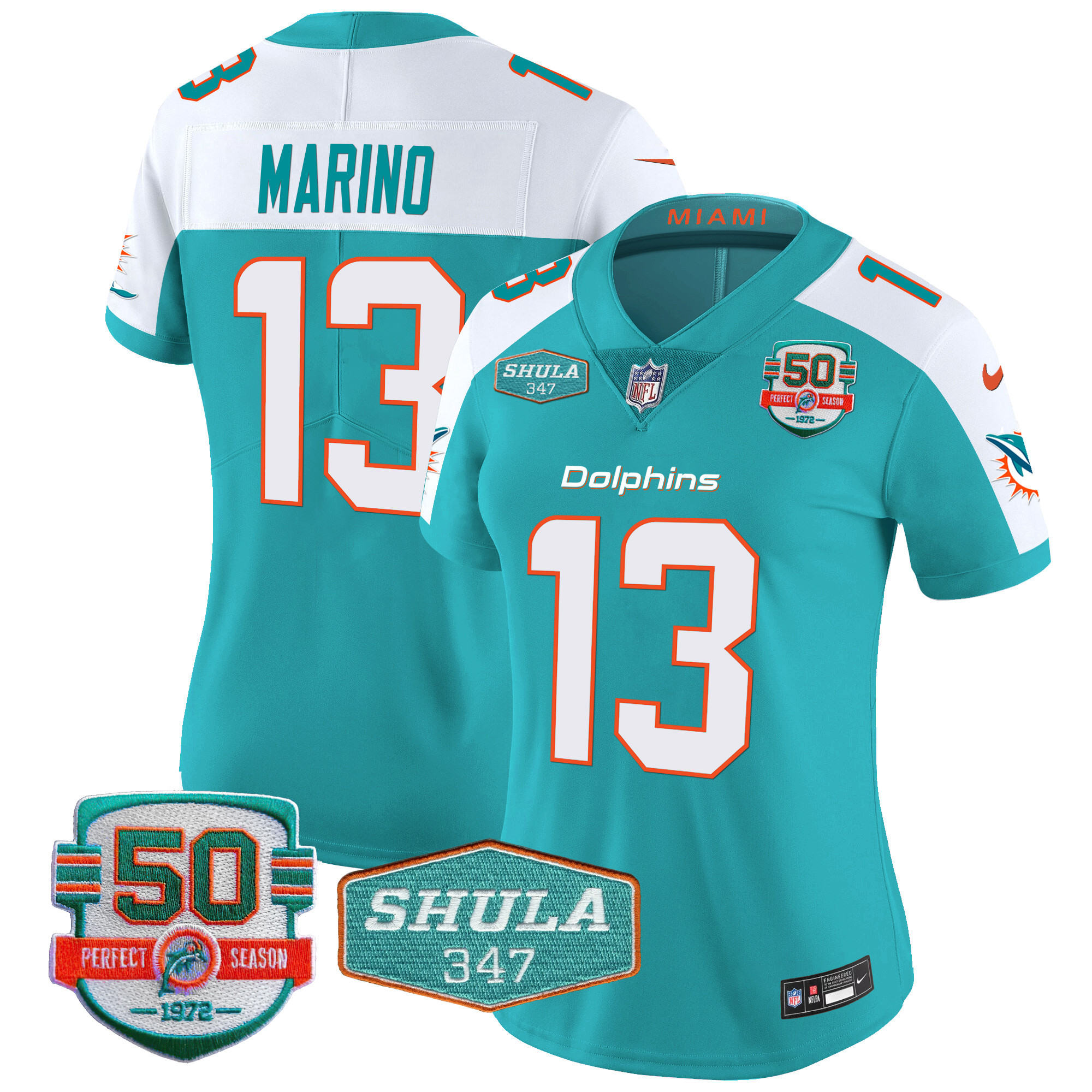 Dan Marino Women's Miami Dolphins Shula 347 Patch Vapor Aqua Alternate Jersey - All Stitched 