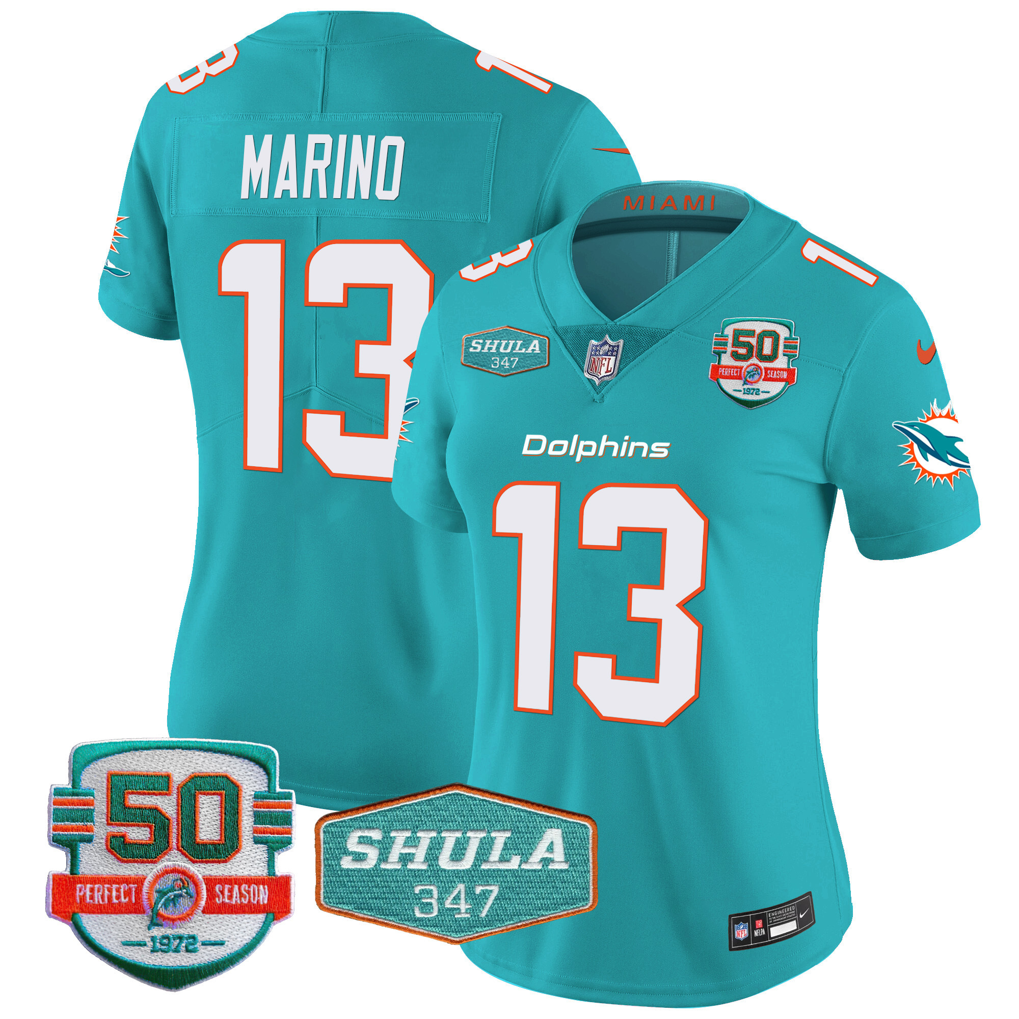Dan Marino Women's Miami Dolphins Shula 347 Patch Vapor Aqua Jersey - All Stitched 
