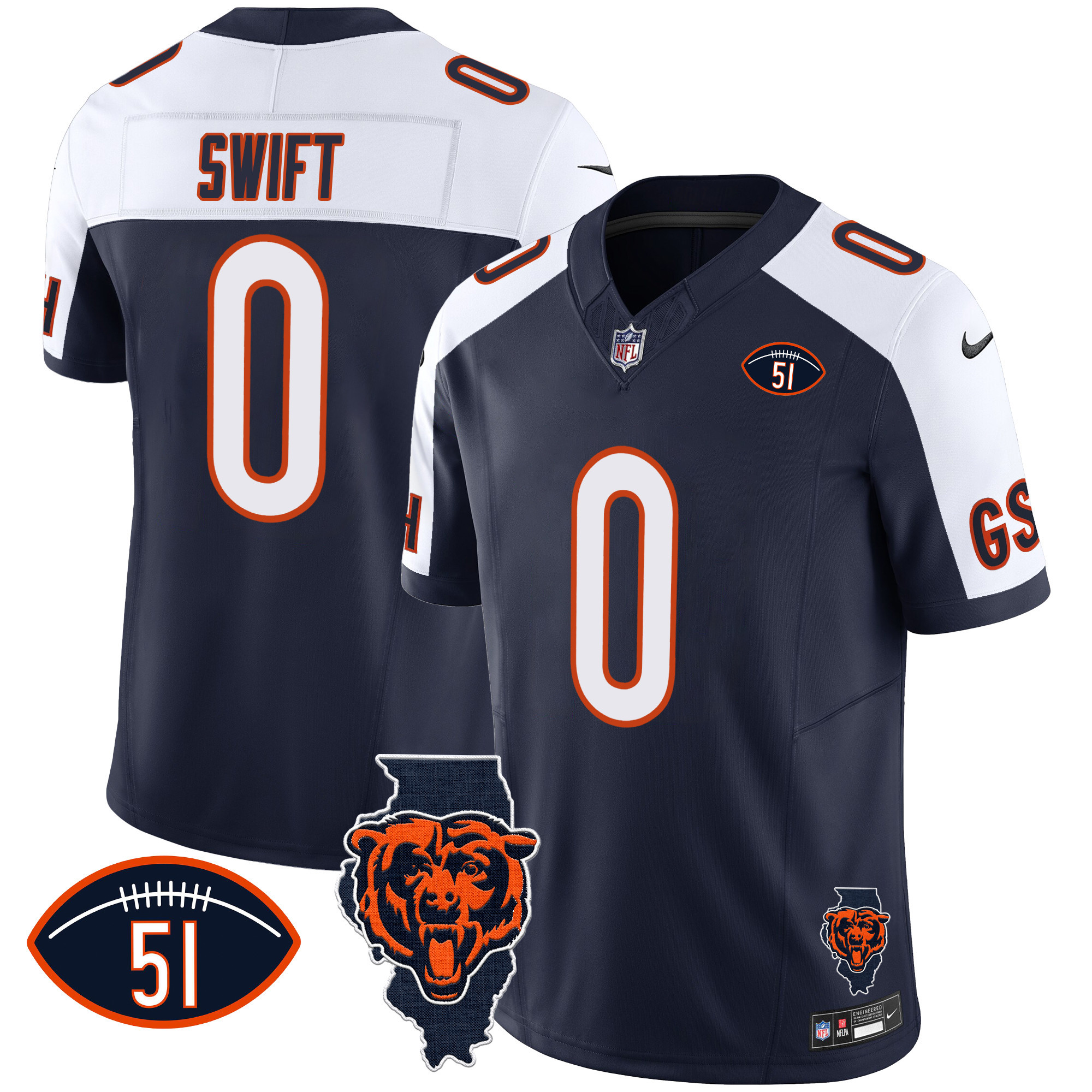 D'Andre Swift Men's Chicago Bears Illinois Patch Vapor Alternate Jersey - All Stitched 